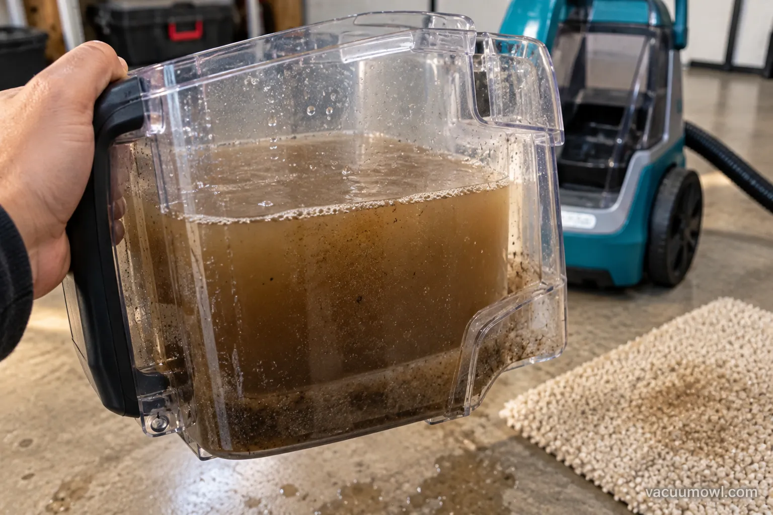 Murky brown water in a portable carpet cleaner recovery tank after one pass over a stain.
