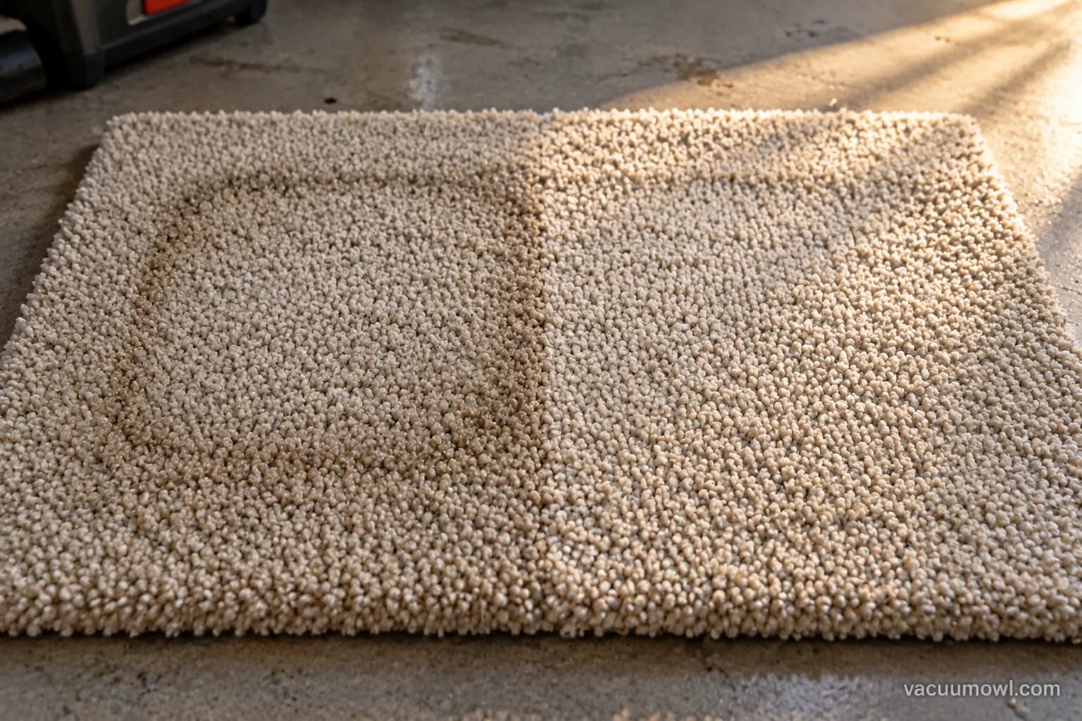 Two cleaned carpet zones under raking light, one with a faint residual edge and one clean.