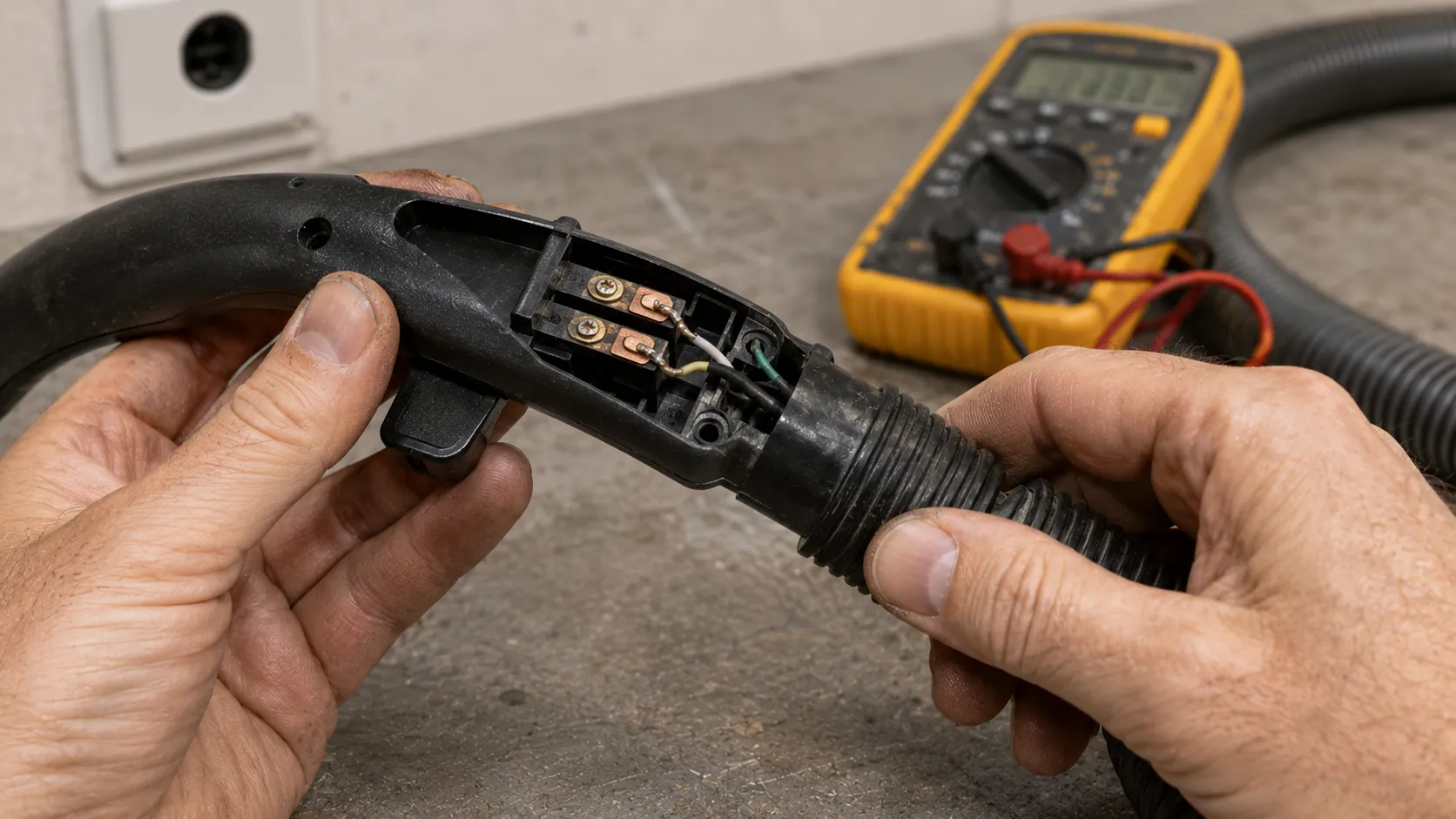 The opened handle switch of a central vacuum hose being flex-tested for a broken low-voltage contact.