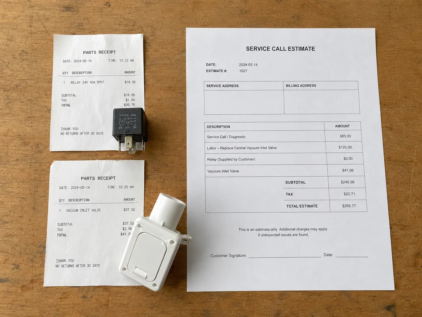 Two central vacuum parts receipts with a replacement relay and white inlet valve beside a written service-call quote on a wooden workbench.