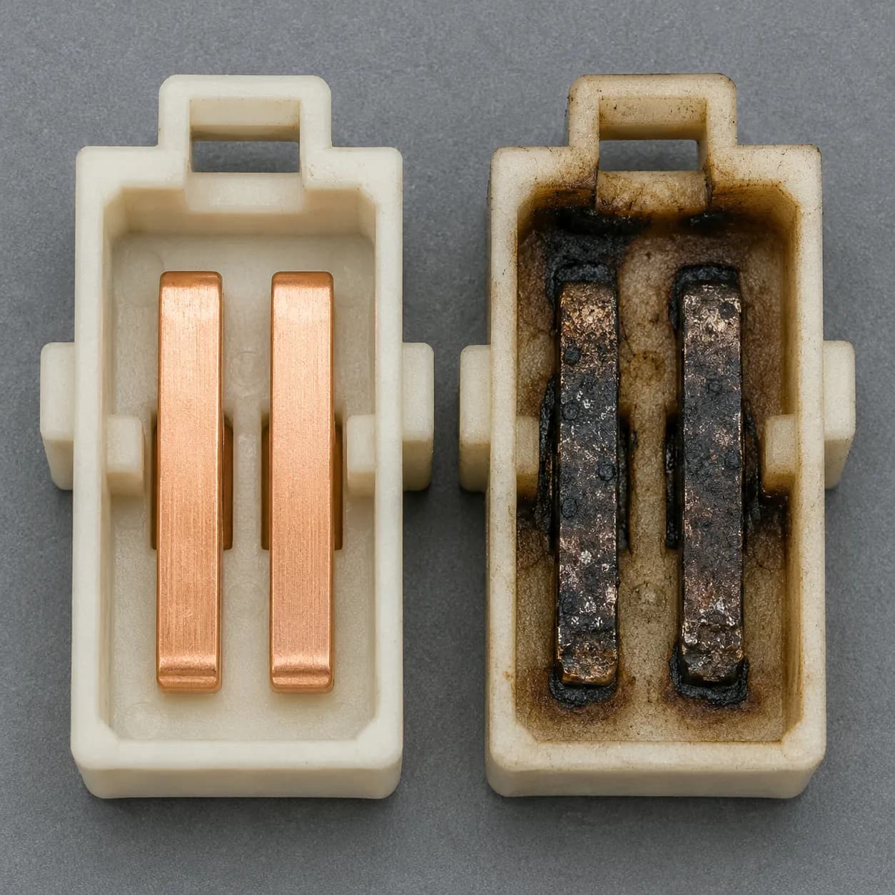 Macro comparison of clean polished copper pins in the left electrical connector and darkened, pitted, heat-damaged contacts in the burnt connector on the right.