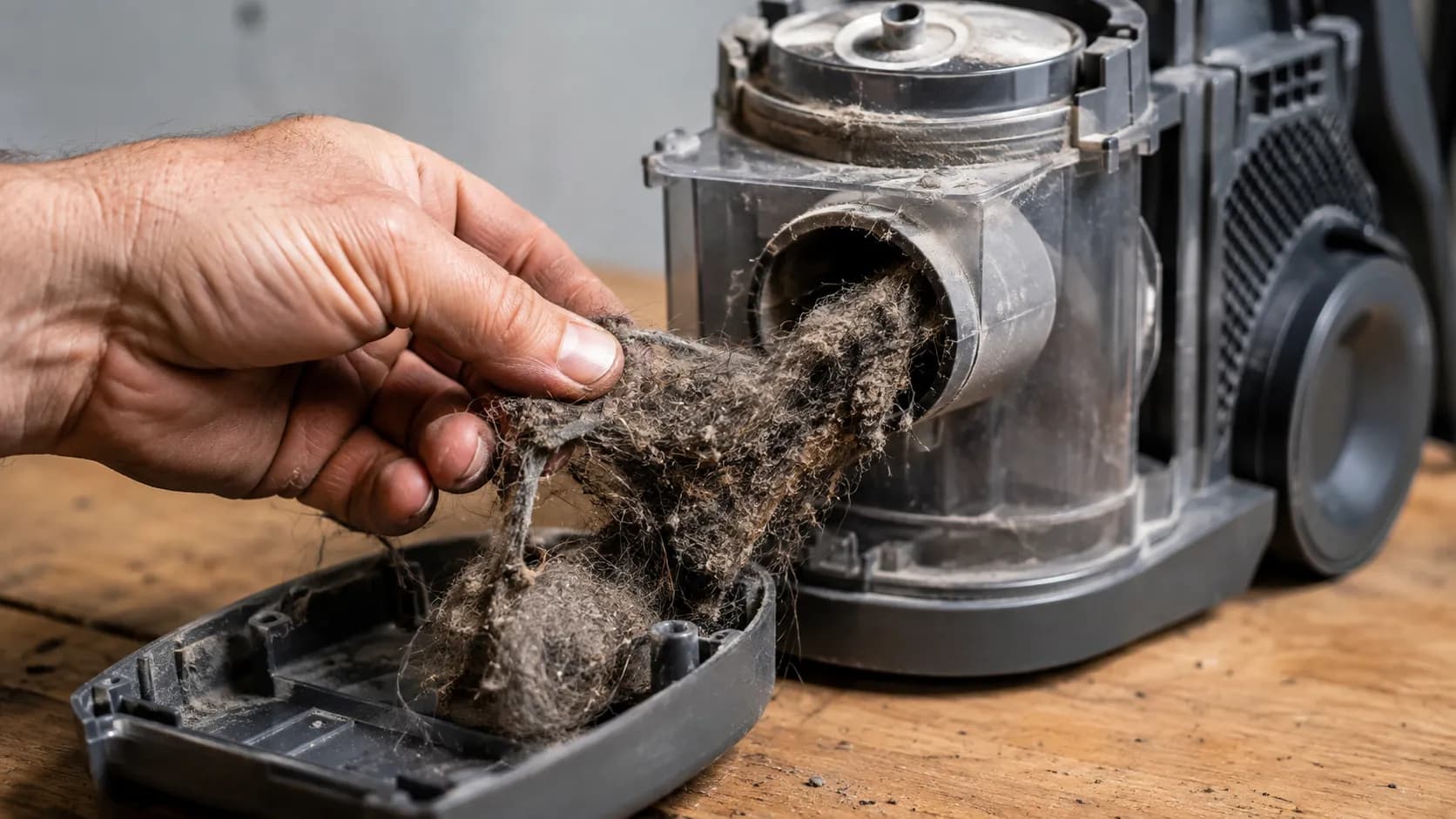 Hand pulling a hair and dust clog from a vacuum dust cup air duct during repair