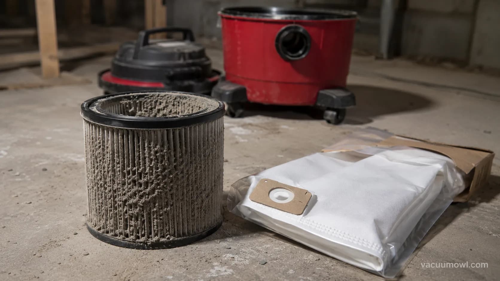 Dust-packed shop vac cartridge beside a fresh collection bag showing the real clog fix.