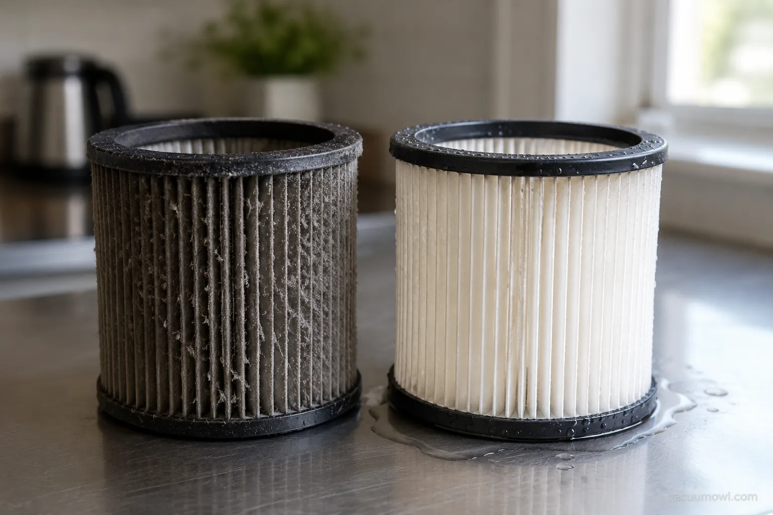 before and after photo of a clogged vacuum filter causing overheating
