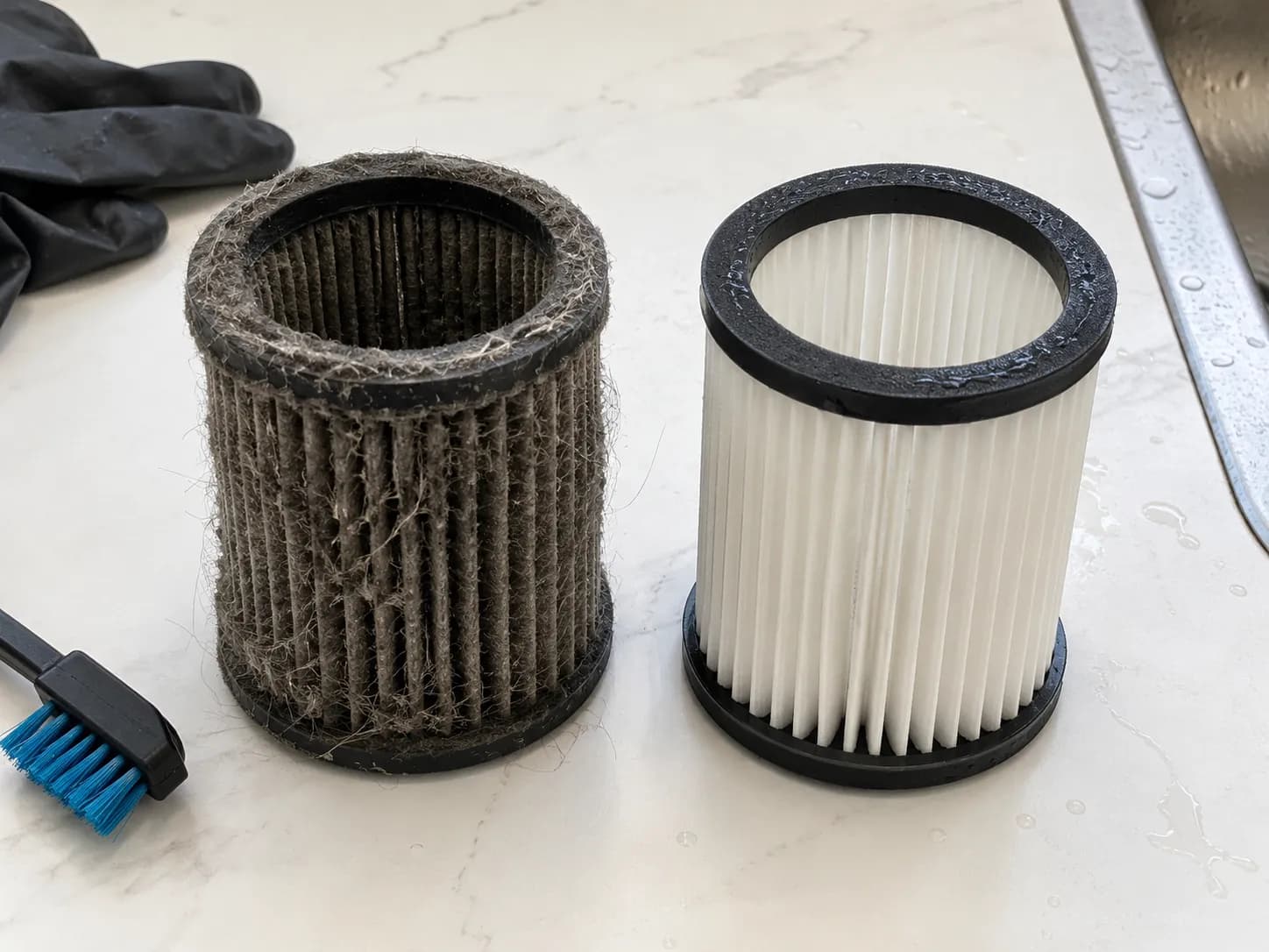clogged grey vacuum filter next to the same filter after cleaning
