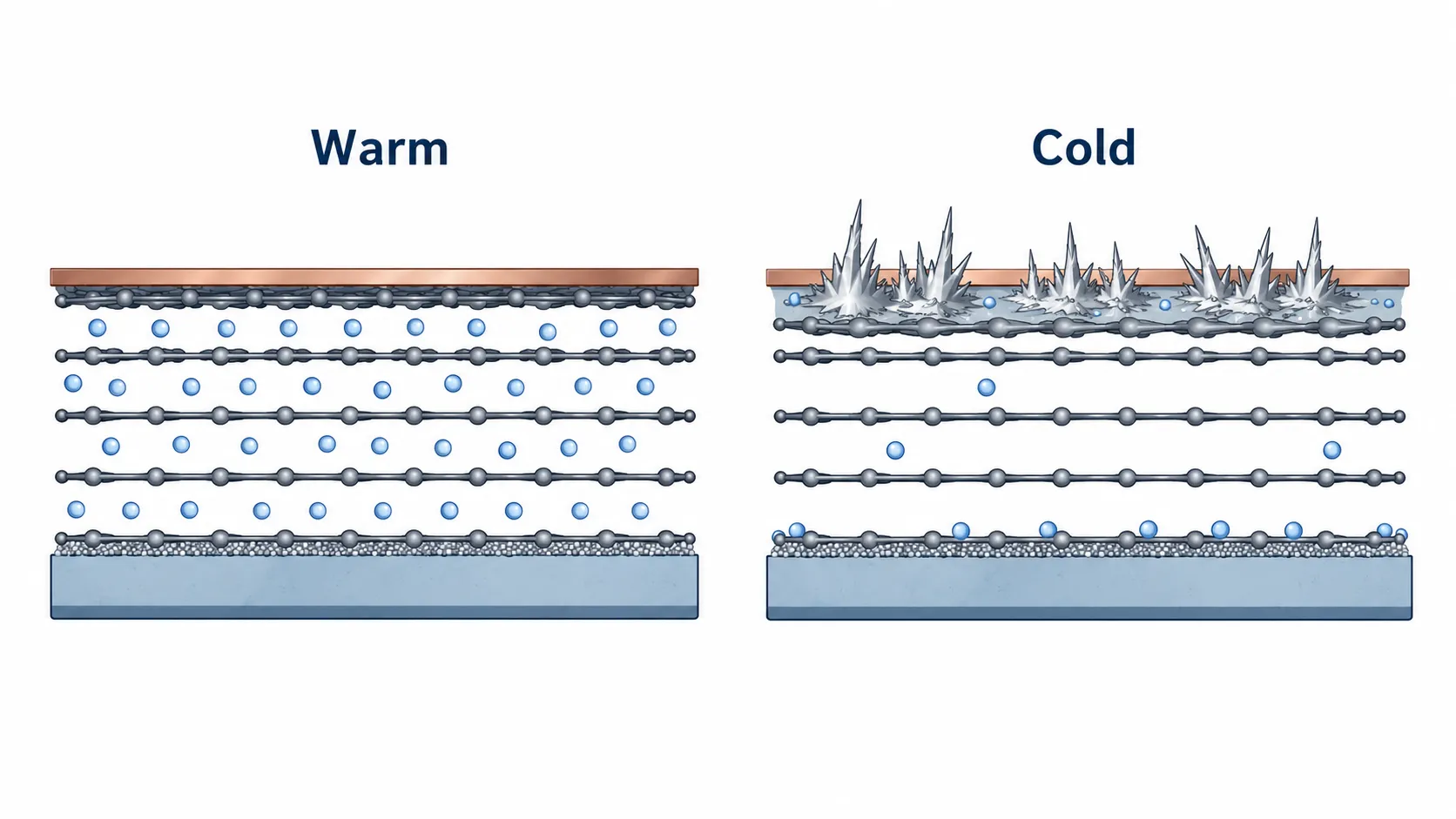 Scientific diagram comparing normal lithium-ion movement in a warm battery cell with metallic lithium deposits forming on the anode during cold charging.