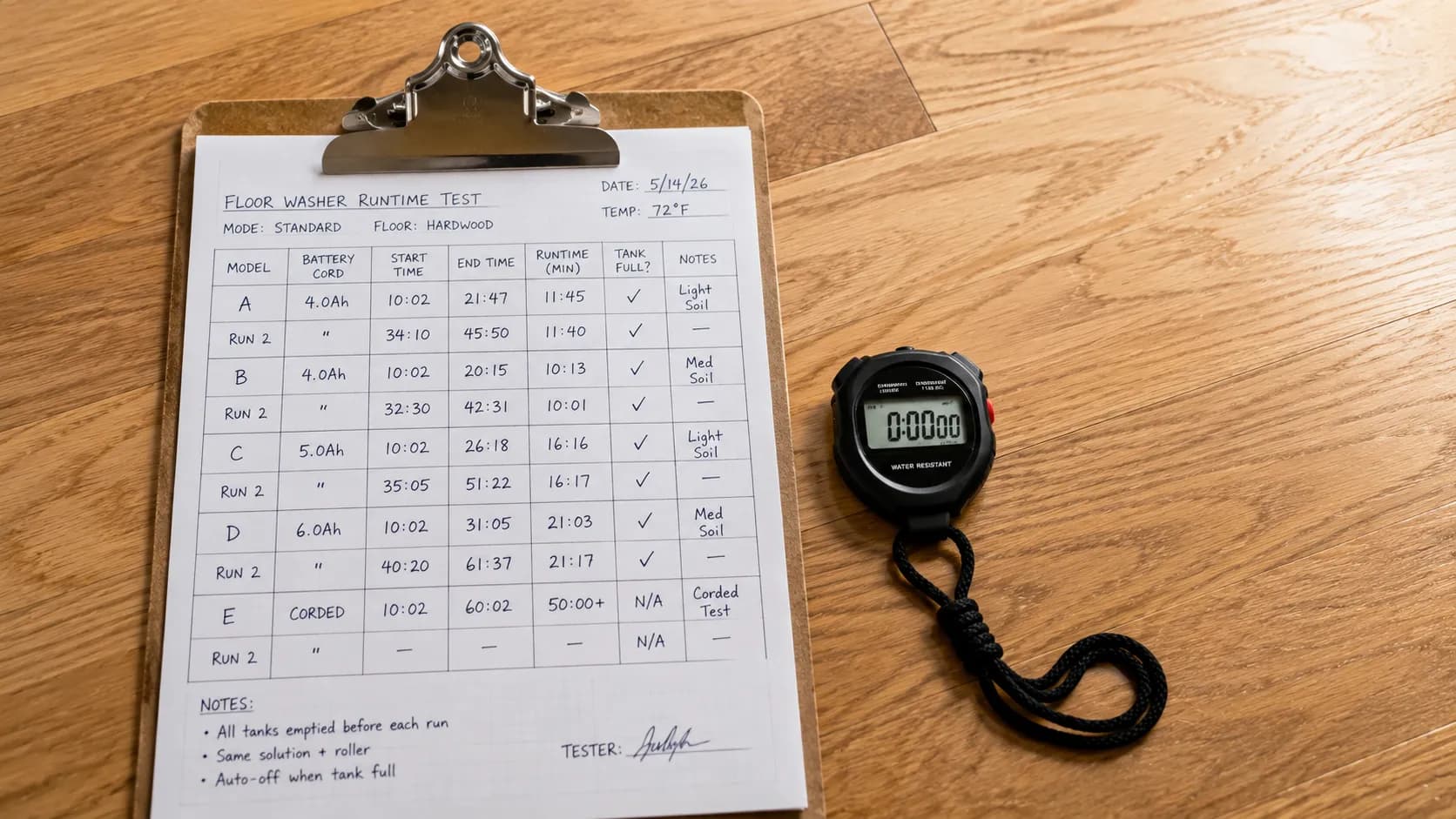 Corded versus cordless floor washer runtime test results logged on a clipboard.