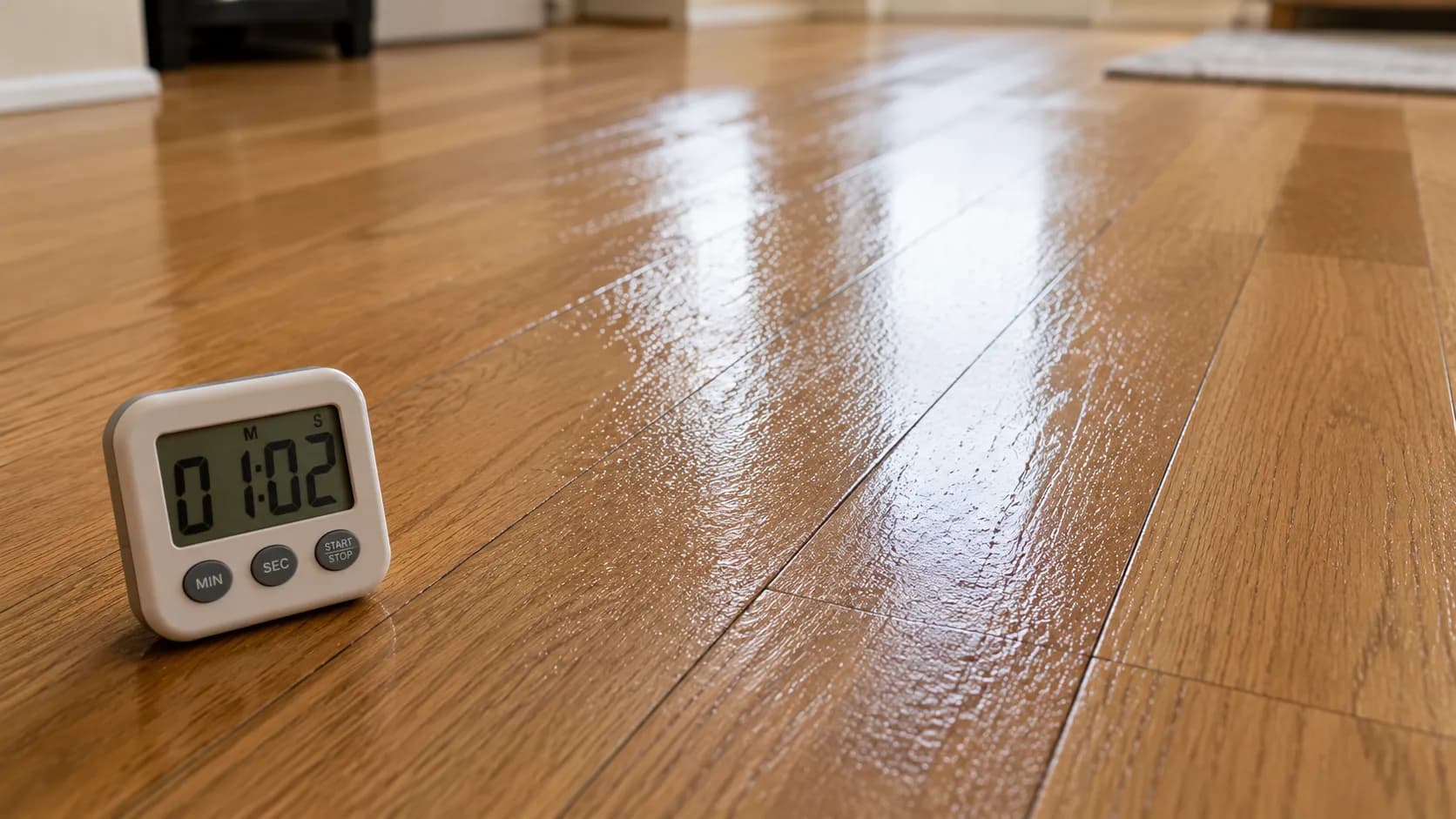 Thin moisture film left by a cordless wet dry vacuum and mop drying on a hardwood floor.