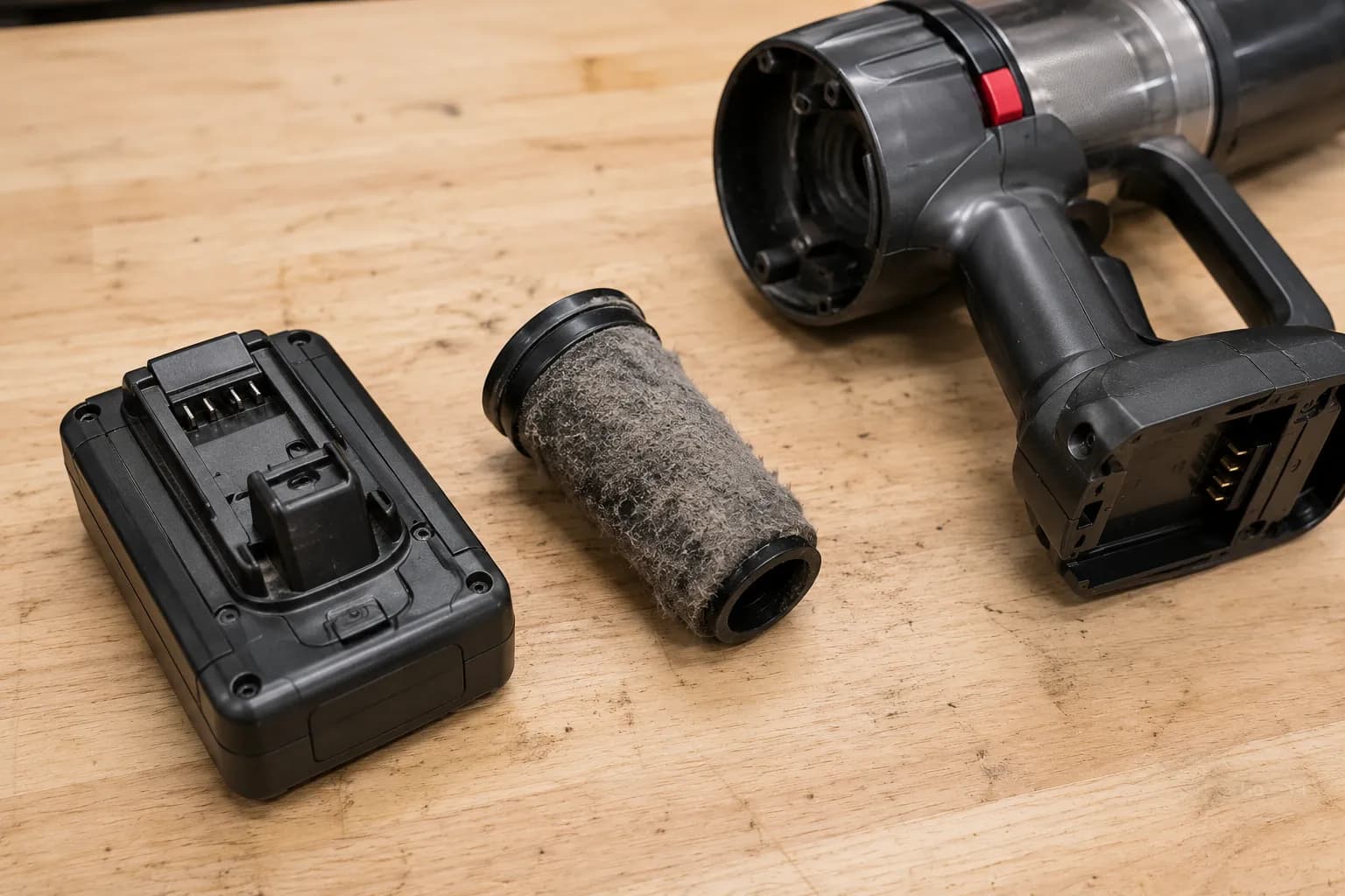Cordless vacuum battery removed beside a clogged filter for a reset.