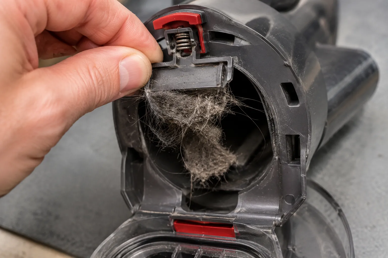 Close-up of a hand opening a cordless vacuum bin-inlet flap to reveal a clog of hair and dust trapped behind it.