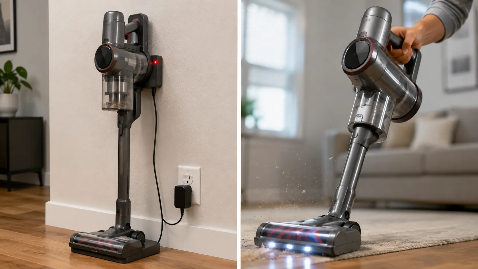 A cordless vacuum not running on its charger and running once unplugged, showing the charge lockout.