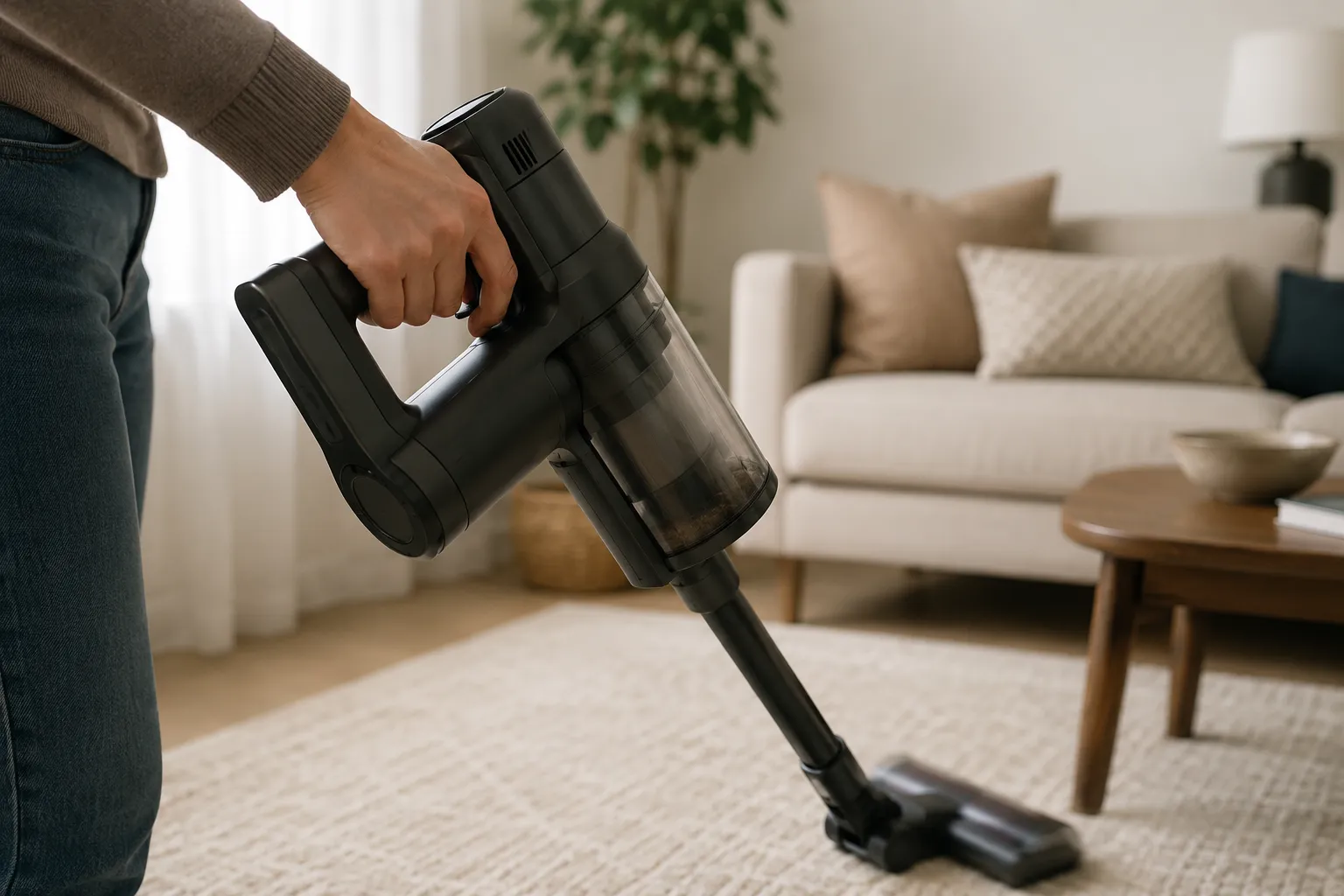 Person gripping the trigger of a cordless stick vacuum while cleaning a living room, illustrating a vacuum pulsing or stuttering during use.