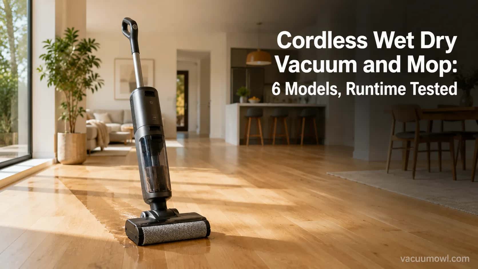 Cordless wet dry vacuum and mop cleaning a sunlit hardwood floor in an open-plan home.