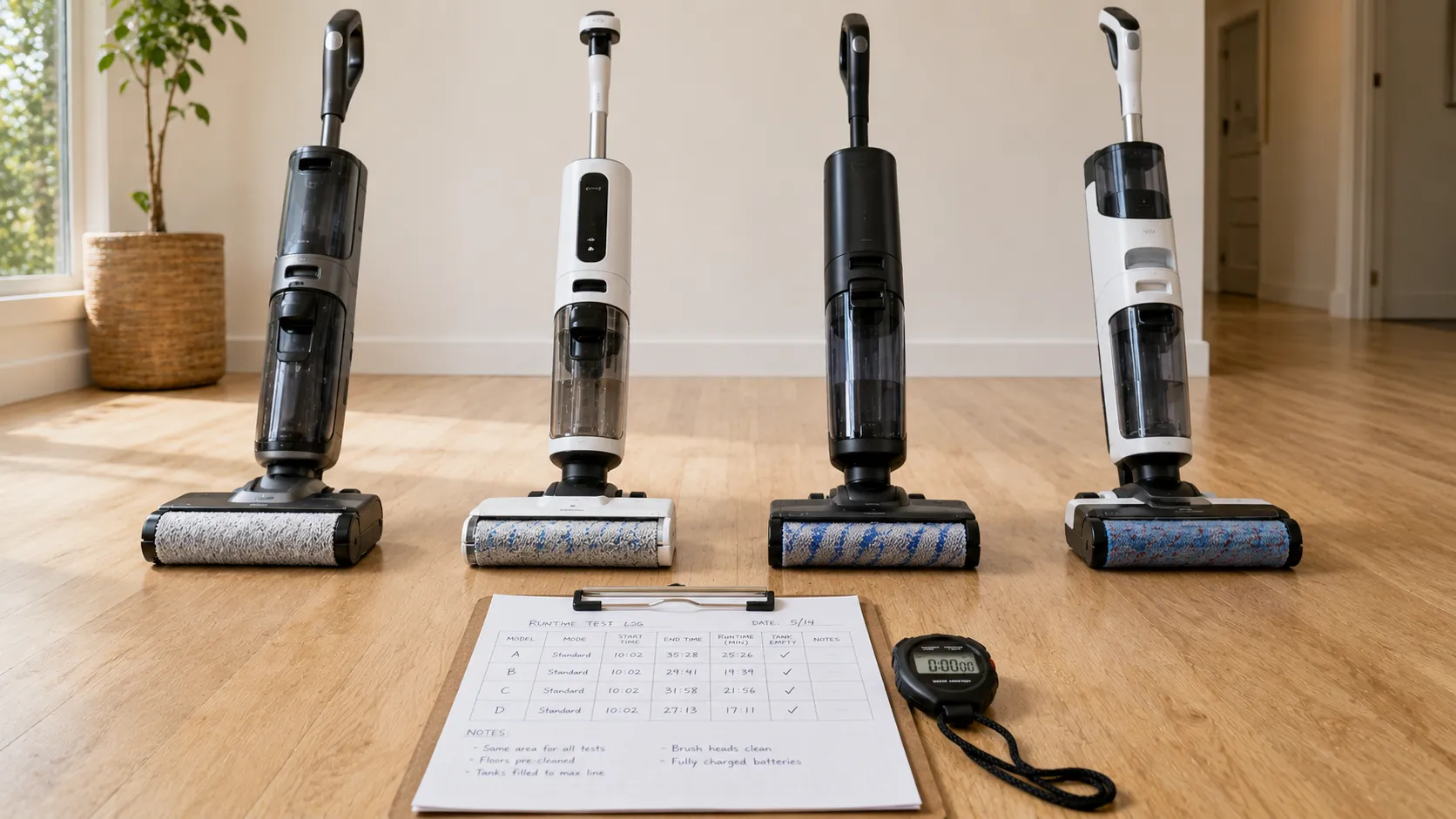 Cordless wet dry vacuum and mop models lined up for a runtime test on a hardwood floor.