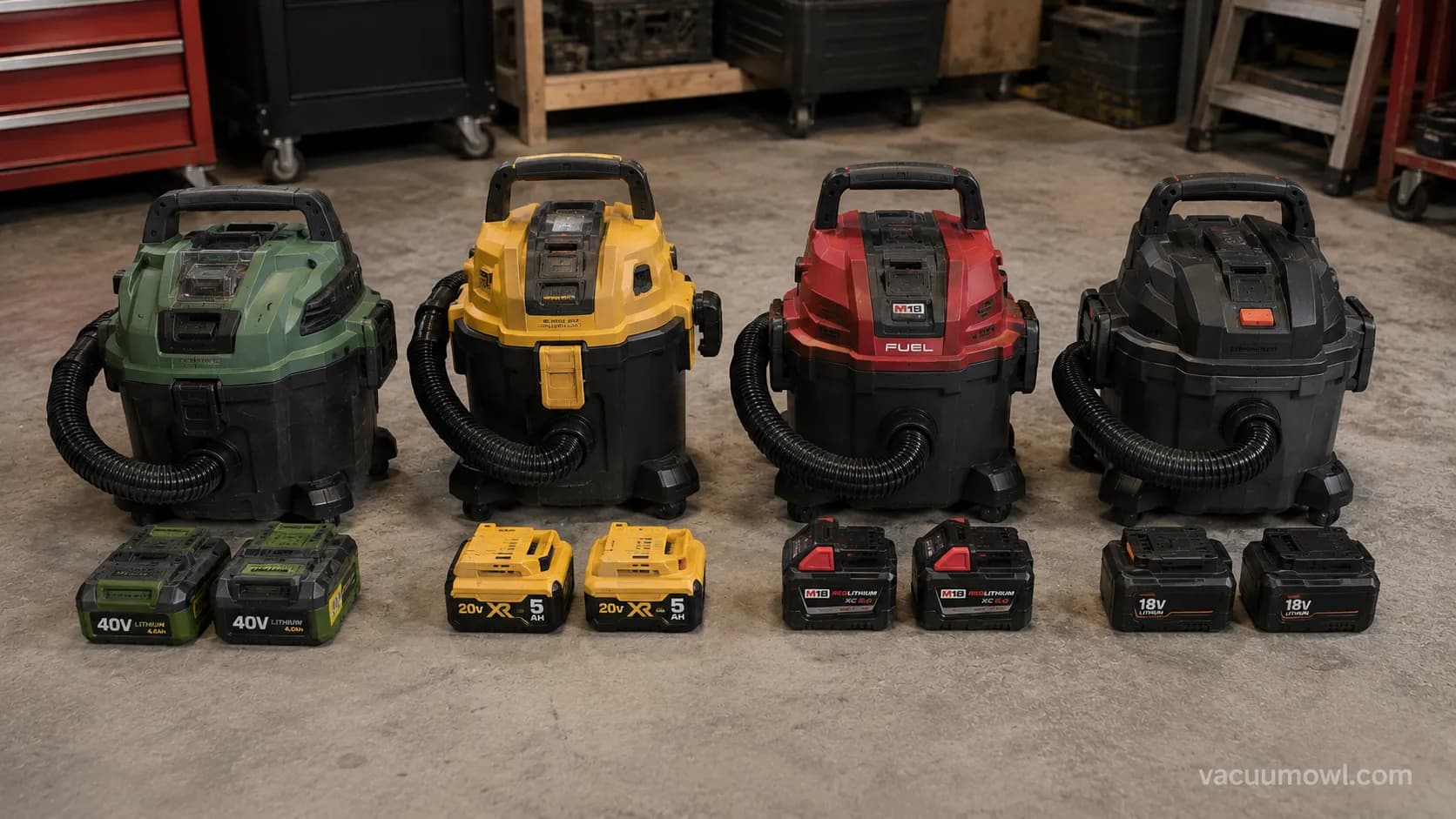 Batteries from four platforms beside their cordless wet/dry vacuums