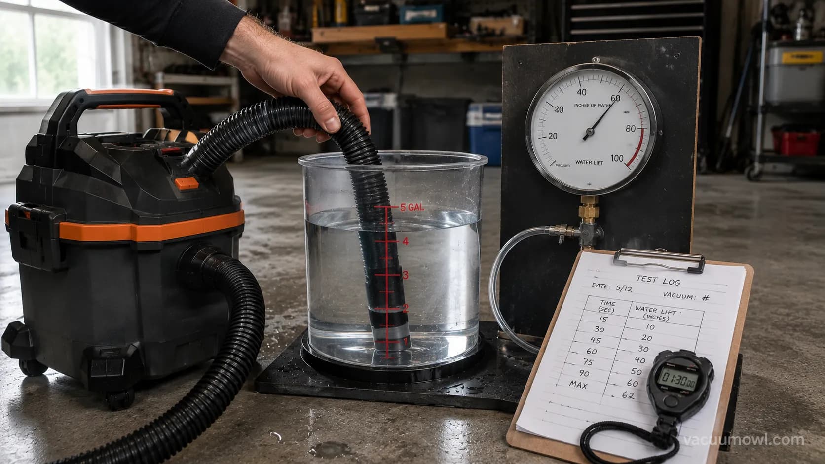 Cordless wet/dry vacuum bench test rig with water-lift gauge