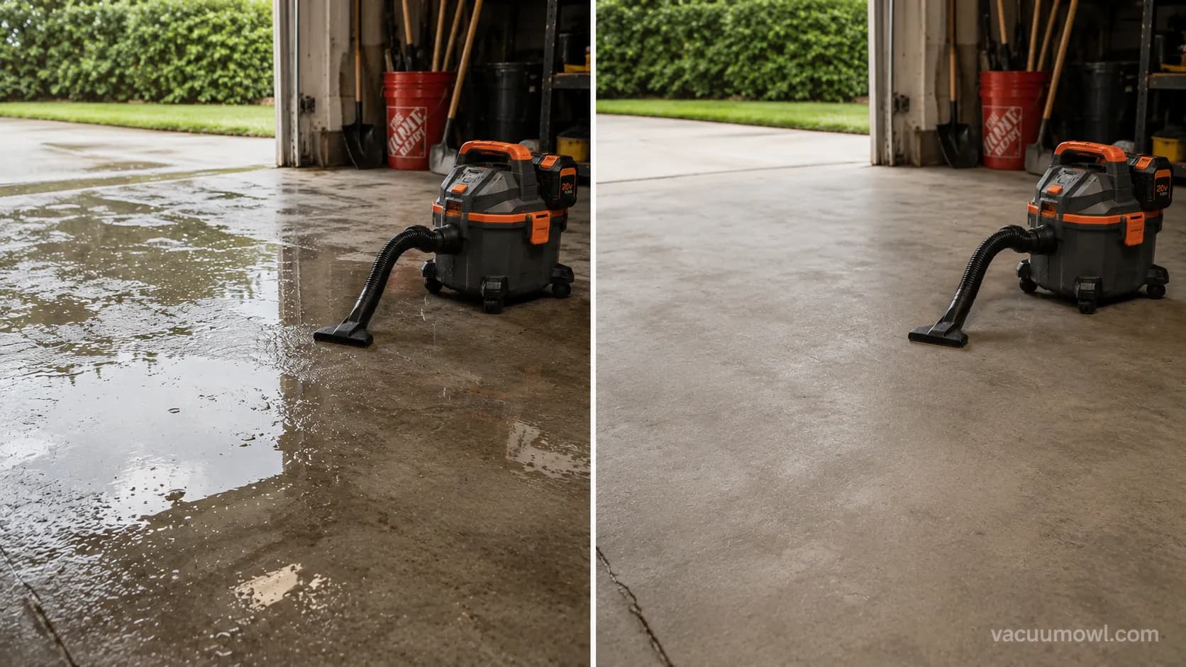 Garage floor before and after standing-water pickup