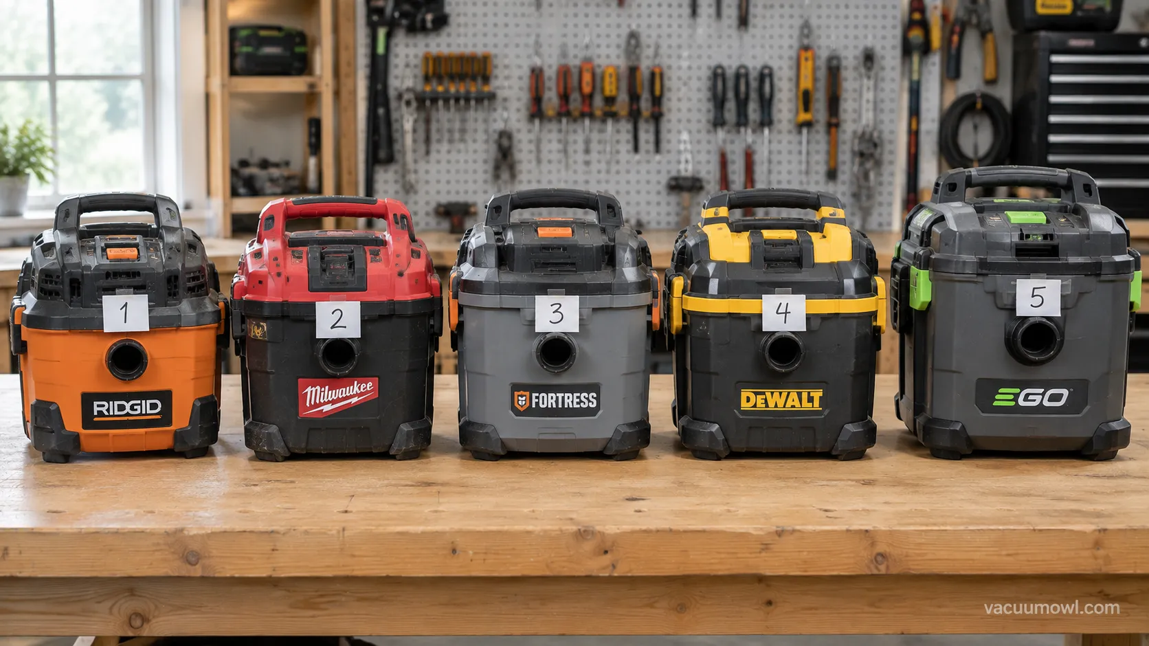 Five cordless wet/dry vacuums lined up for bench testing