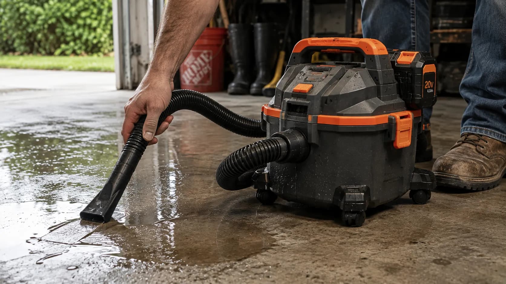 Top-pick cordless wet/dry vacuum picking up water in a garage