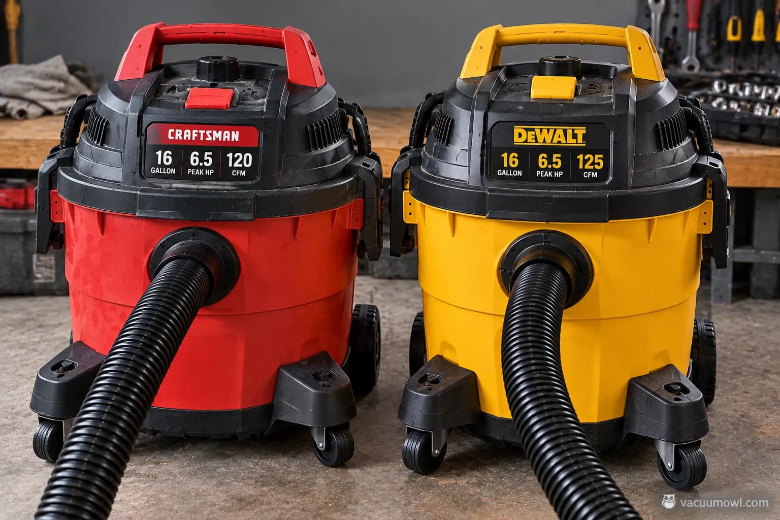 Craftsman vs DeWalt shop vac side by side, both Stanley Black and Decker brands