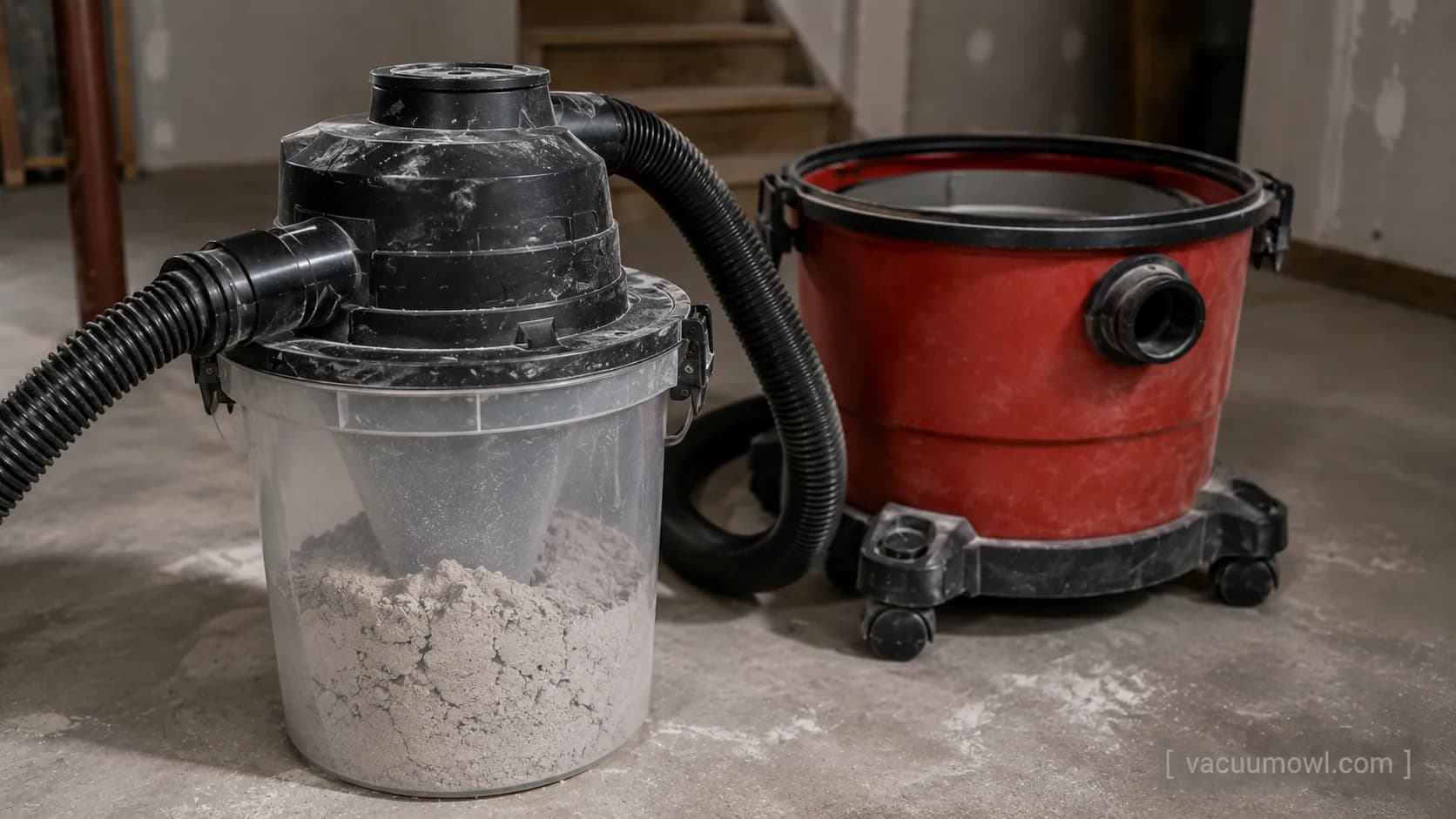 Cyclone separator bucket filled with grey drywall dust in front of a clean shop vac tank.