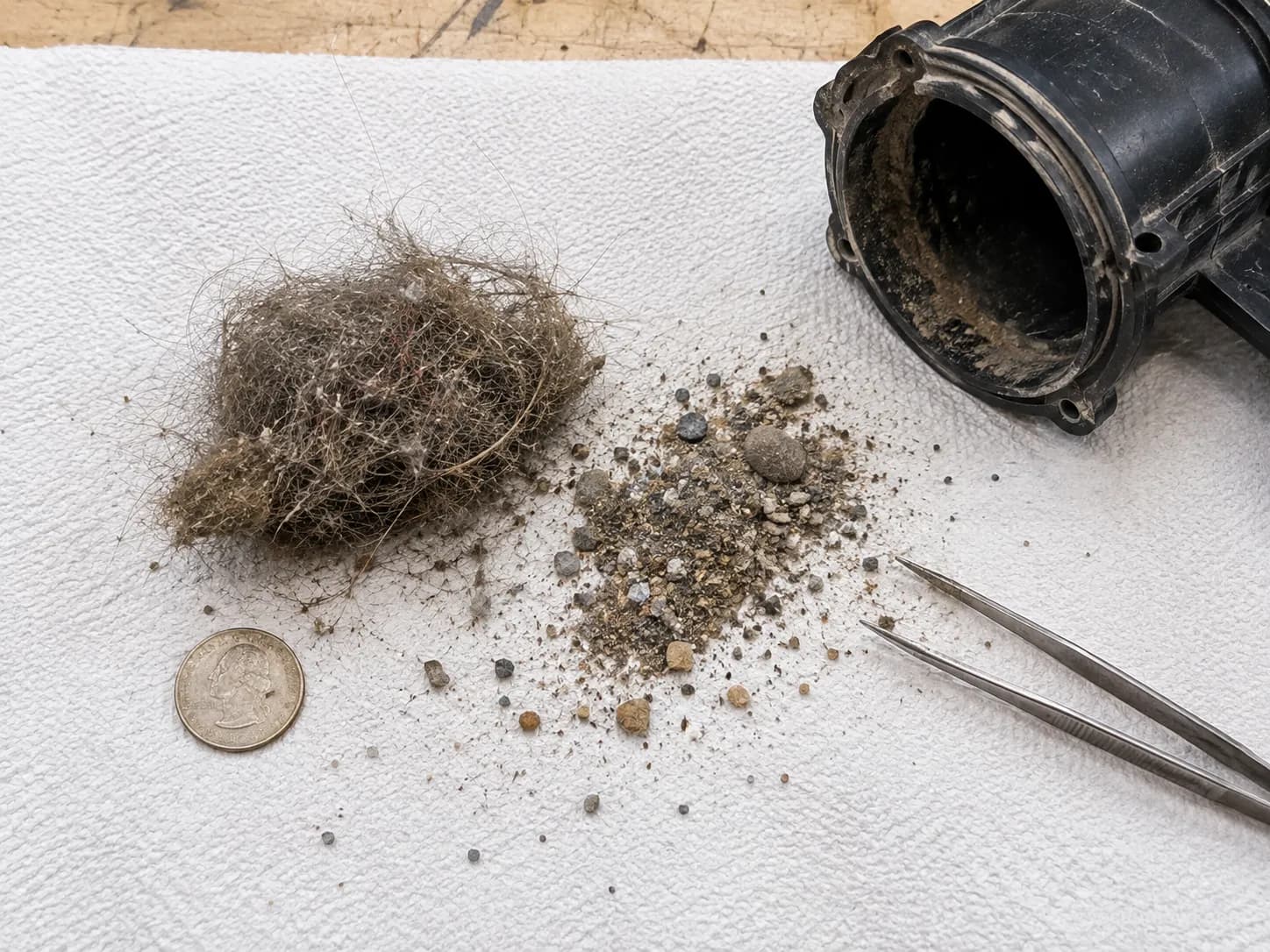coin, hair, and grit removed from inside a vacuum housing on a paper towel