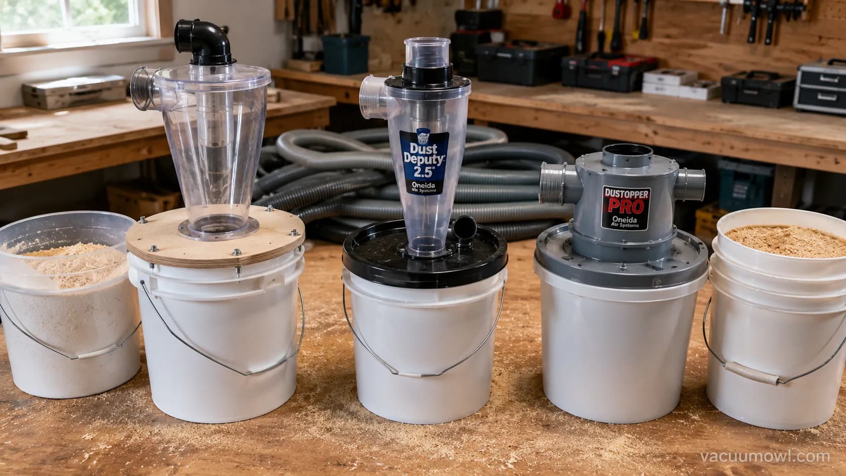 DIY bucket cyclone, Dust Deputy, and Dustopper compared for shop vac dust collection.