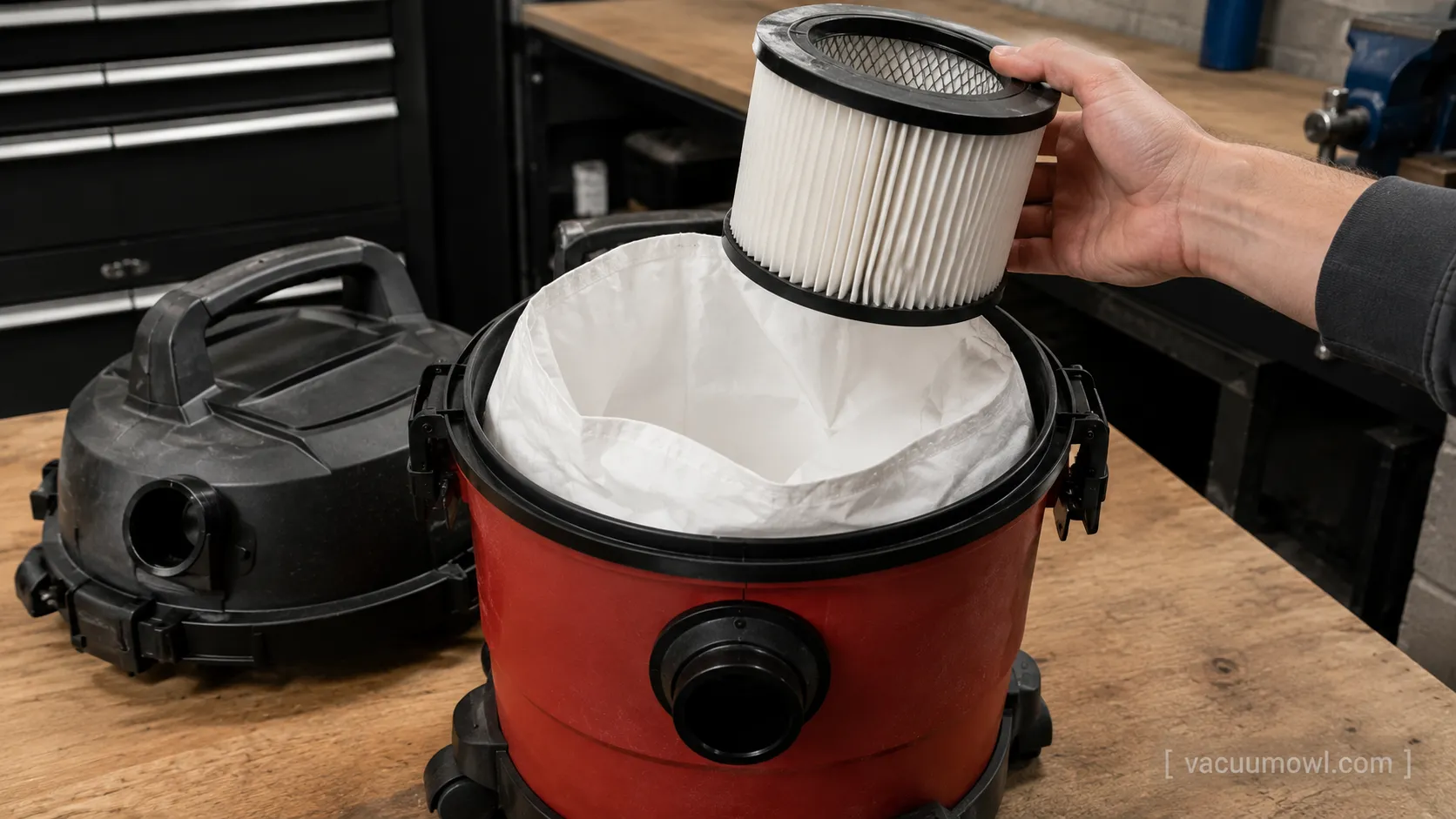 Fine-dust bag seated in a shop vac tank with a HEPA cartridge filter held above it.