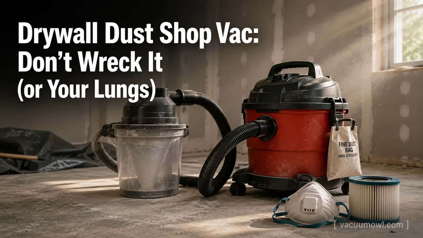 Shop vacuum with a fine-dust bag and cyclone bucket beside a sanded drywall wall in dusty light.