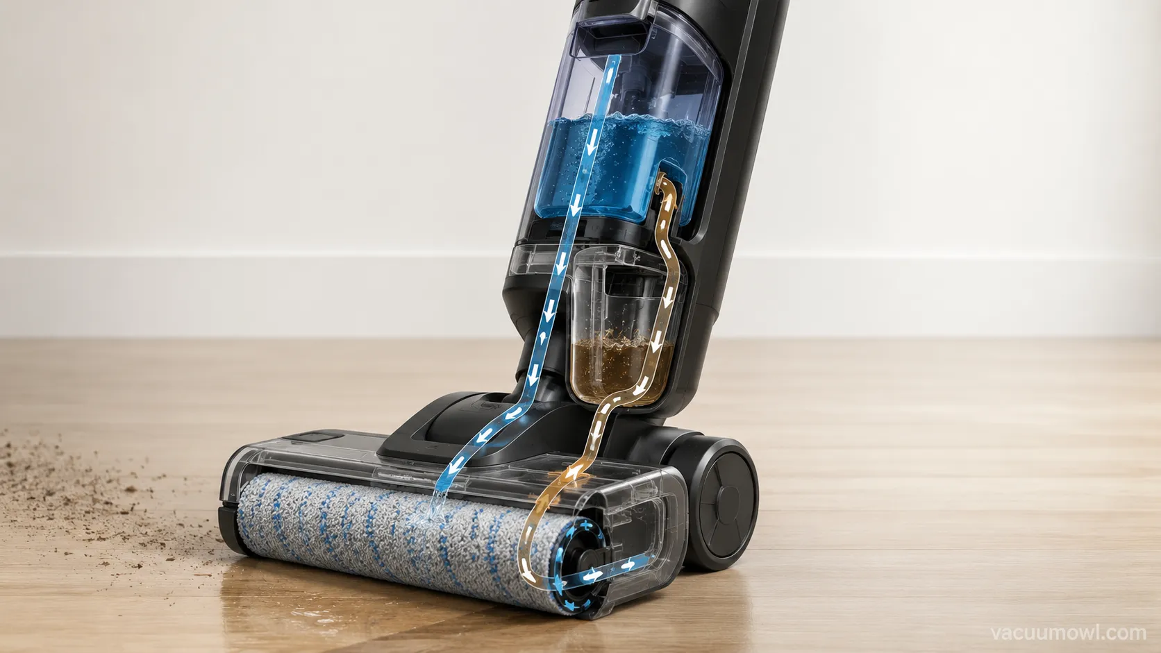 Diagram of how a cordless wet dry vacuum and mop separates clean and dirty water.