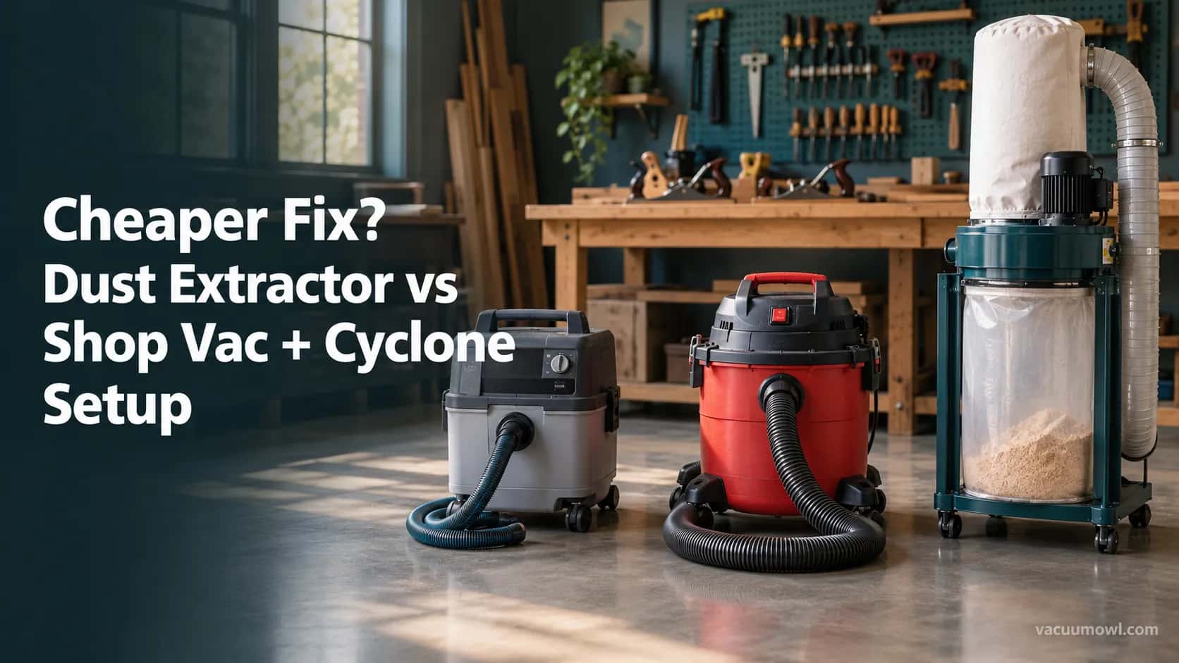 dust extractor, shop vac and dust collector side by side in a home woodworking shop
