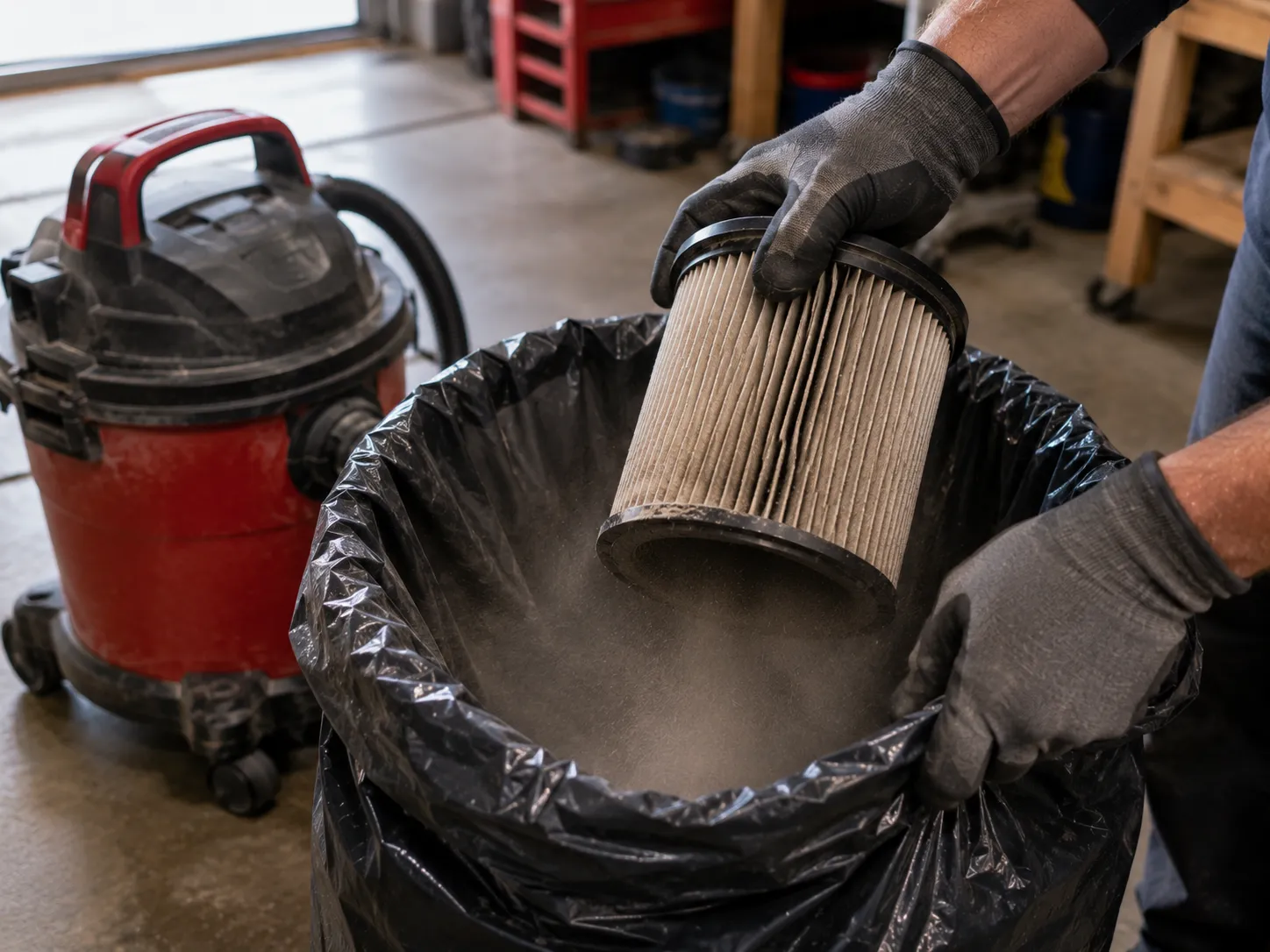 Gloved hands tapping a shop vac filter inside a contractor trash bag to contain the dust.