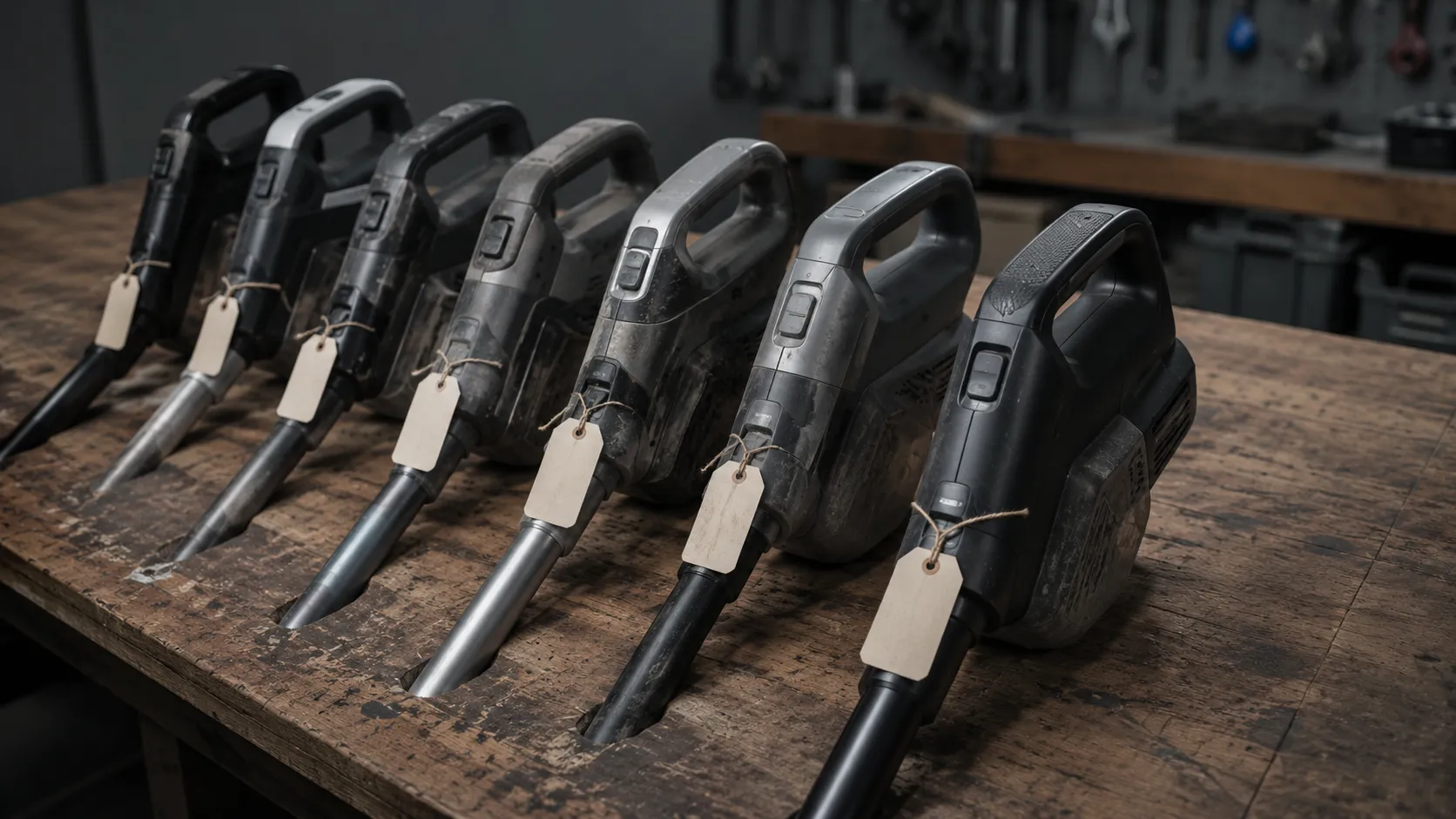 Seven cordless vacuum handles with repair tags lined up on a worn workshop bench, representing a technician’s log of Dyson trigger faults and diagnoses.