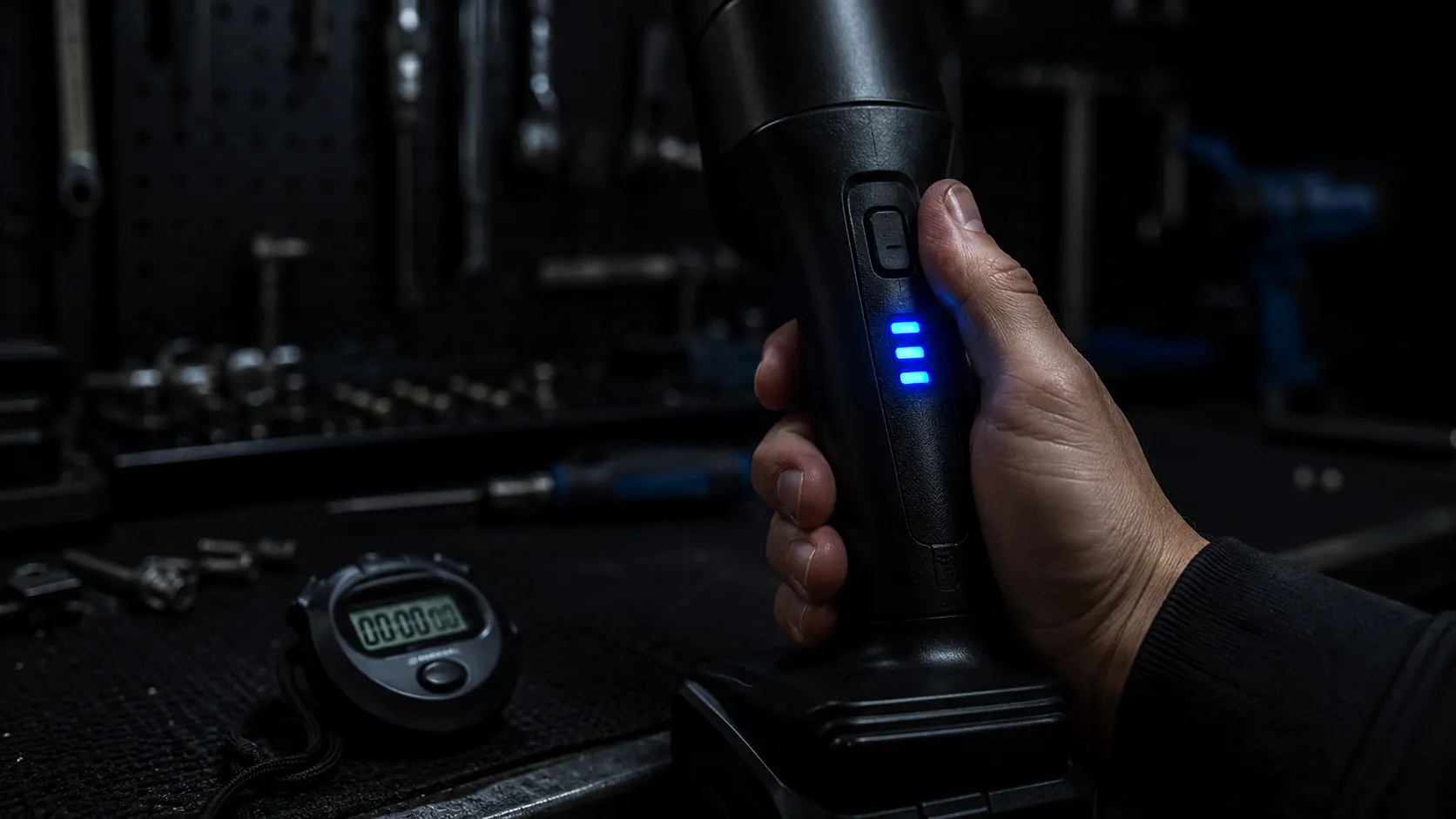Cordless vacuum handle showing three solid blue battery lights during a runtime test, with a digital stopwatch on the workshop bench below.