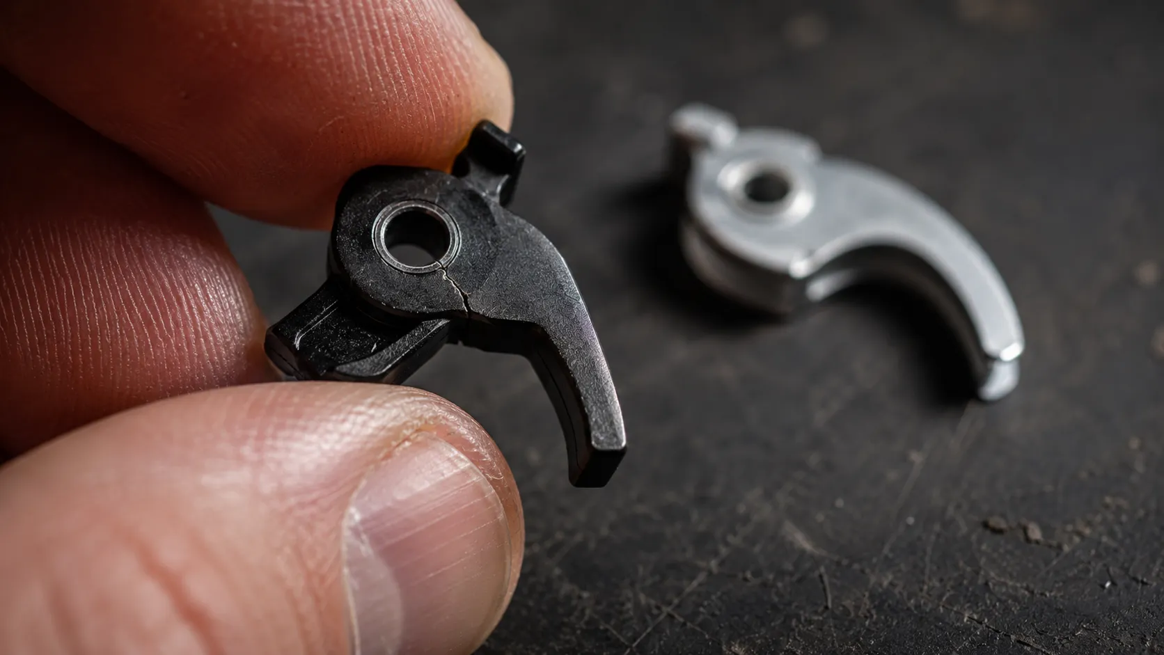 Macro view of a cracked black vacuum trigger component held between fingers, with a reinforced silver metal replacement part visible on the workbench behind it.