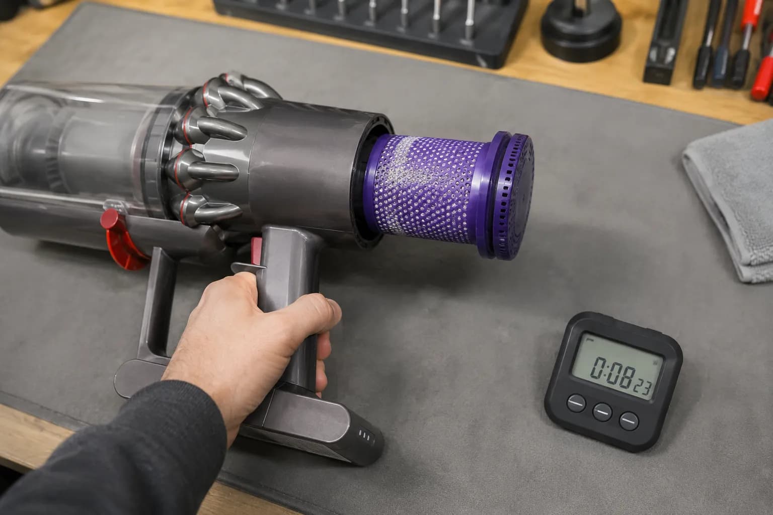 Representative workshop image of a Dyson V10 vacuum pulsing with a partially inserted filter beside a stopwatch showing about eight seconds.