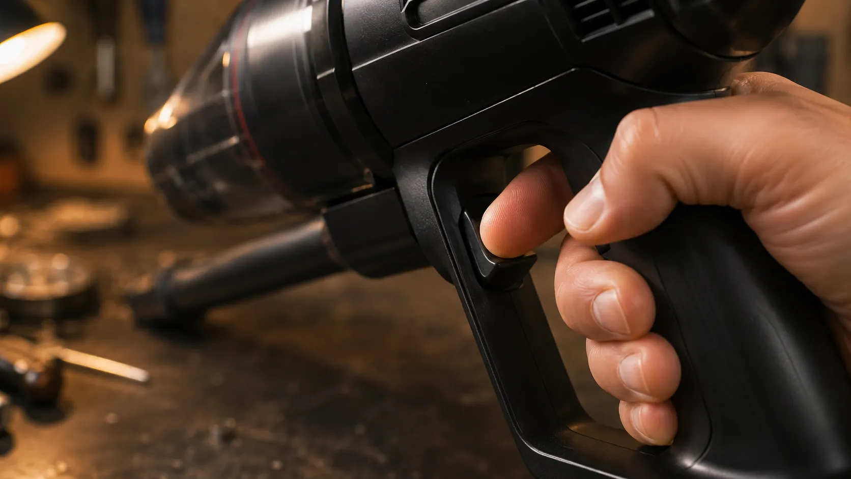 Close-up of a hand pressing a cordless vacuum trigger during a click test to compare the break-over feel of a healthy trigger with a cracked one.