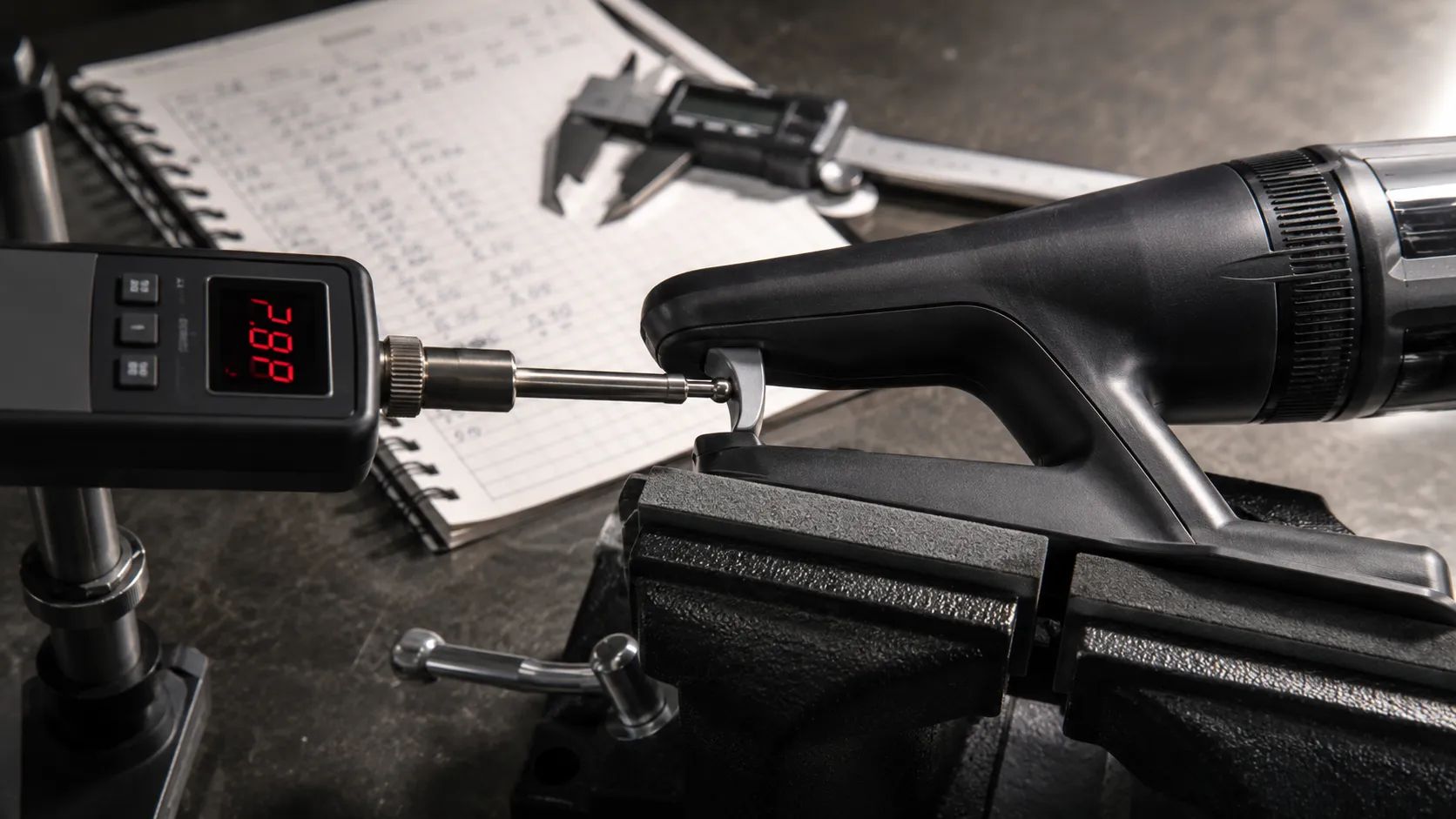 Digital force gauge measuring the trigger actuation force of a cordless vacuum handle clamped in a bench vise, with calipers and test notes in the background.