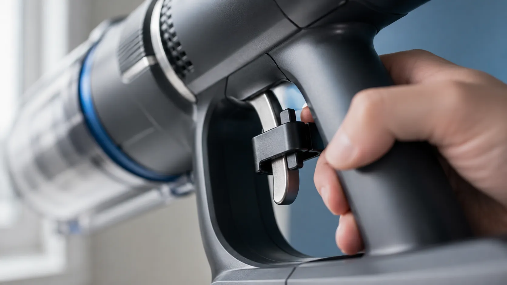 Close-up of a black trigger-lock clip fitted over a cordless vacuum trigger to hold it down during a continuous runtime test.