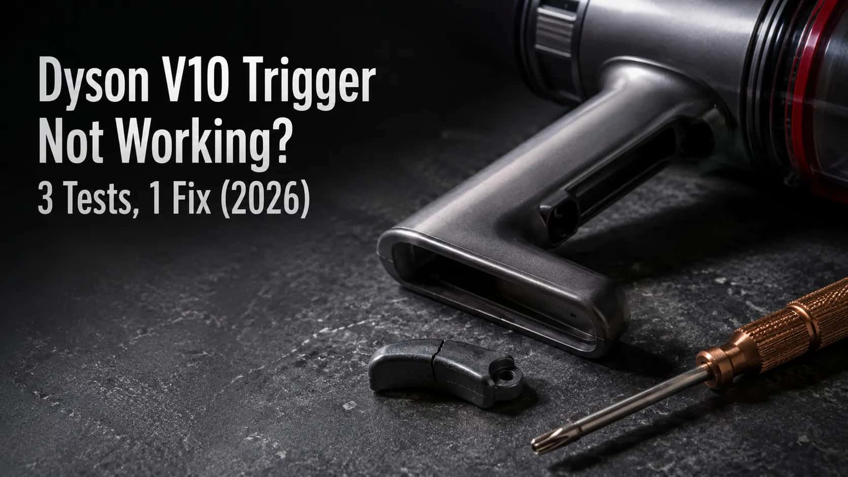 Cracked Dyson V10 trigger lever beside a Torx screwdriver on a dark workbench, illustrating three tests and one repair fix for a non-working trigger.