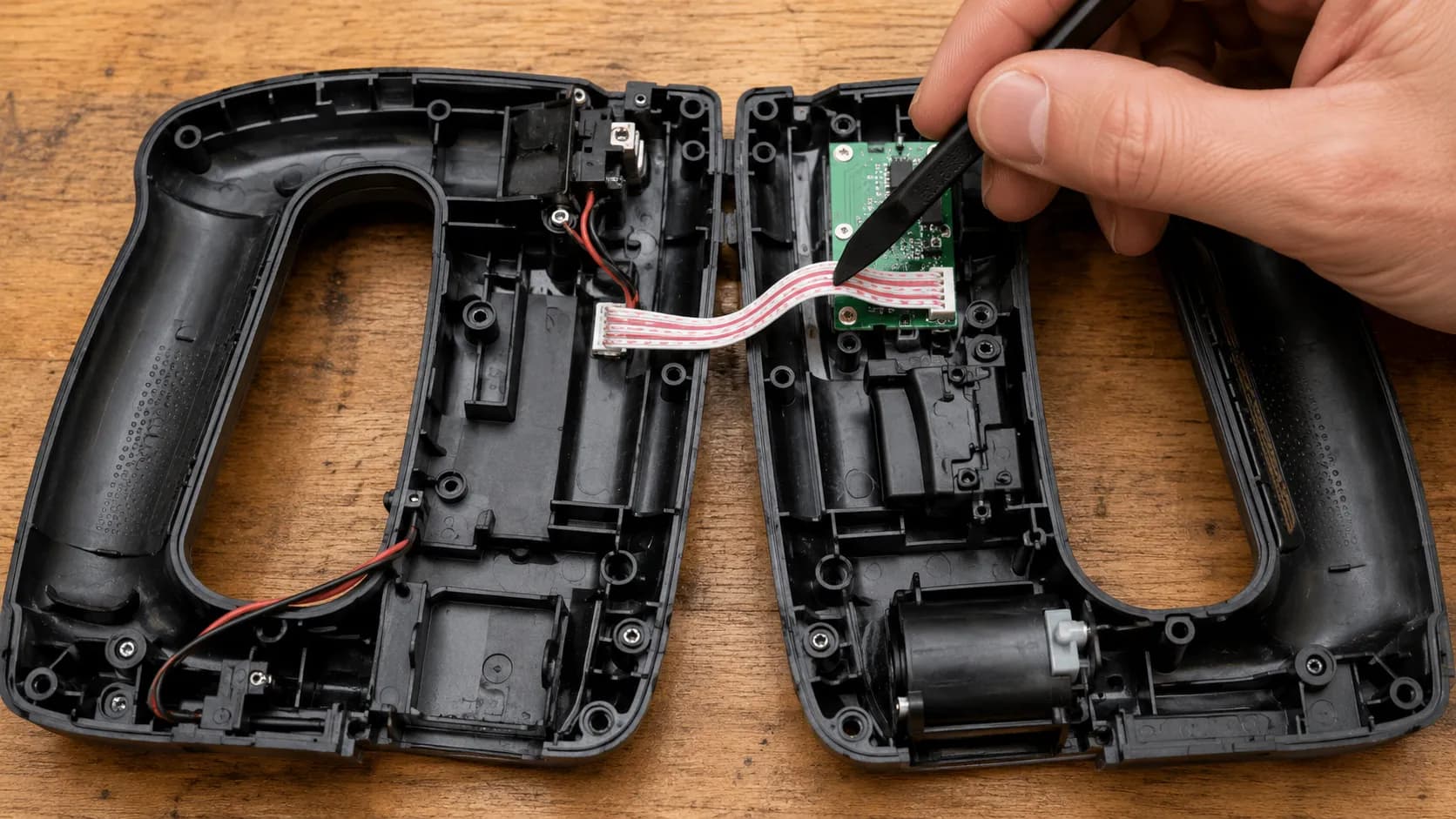 Open cordless vacuum handle showing a technician lifting the red-and-white switch cable clear of the housing seam before closing the two halves.