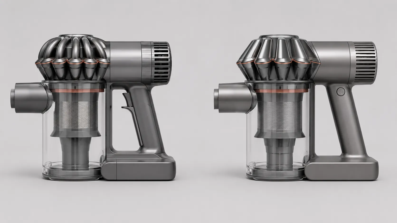 Side-by-side comparison of two cordless vacuum handles, with an older squeeze-trigger design on the left and a newer push-button design on the right.