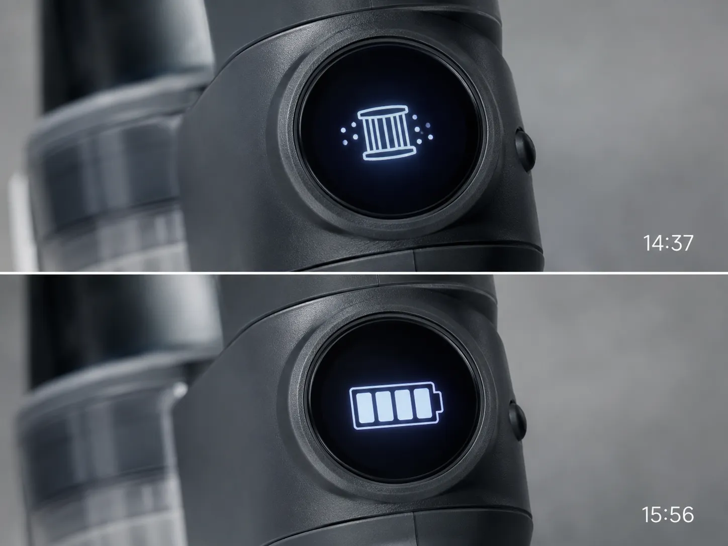 Before-and-after close-up of a Dyson V11-style LCD screen showing a clean filter warning first, then a normal battery gauge after the filter has fully dried.