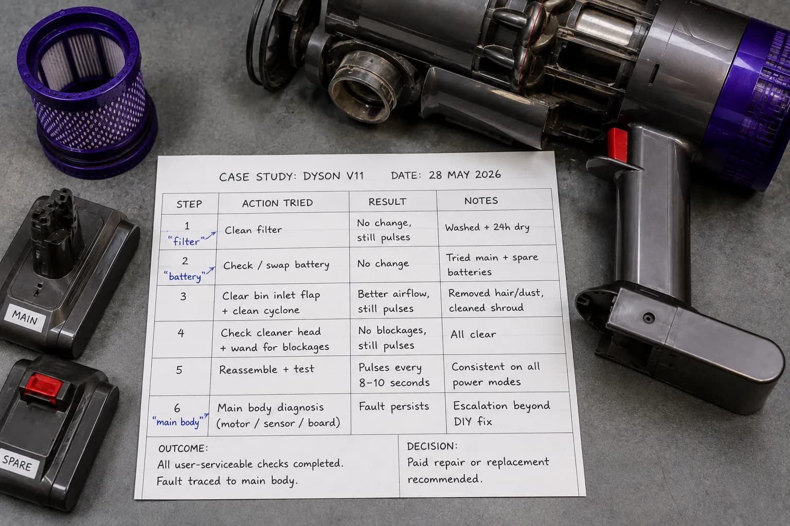Repair log for a Dyson V11 showing filter, battery and blockage checks before diagnosing a main-body fault and recommending repair or replacement.
