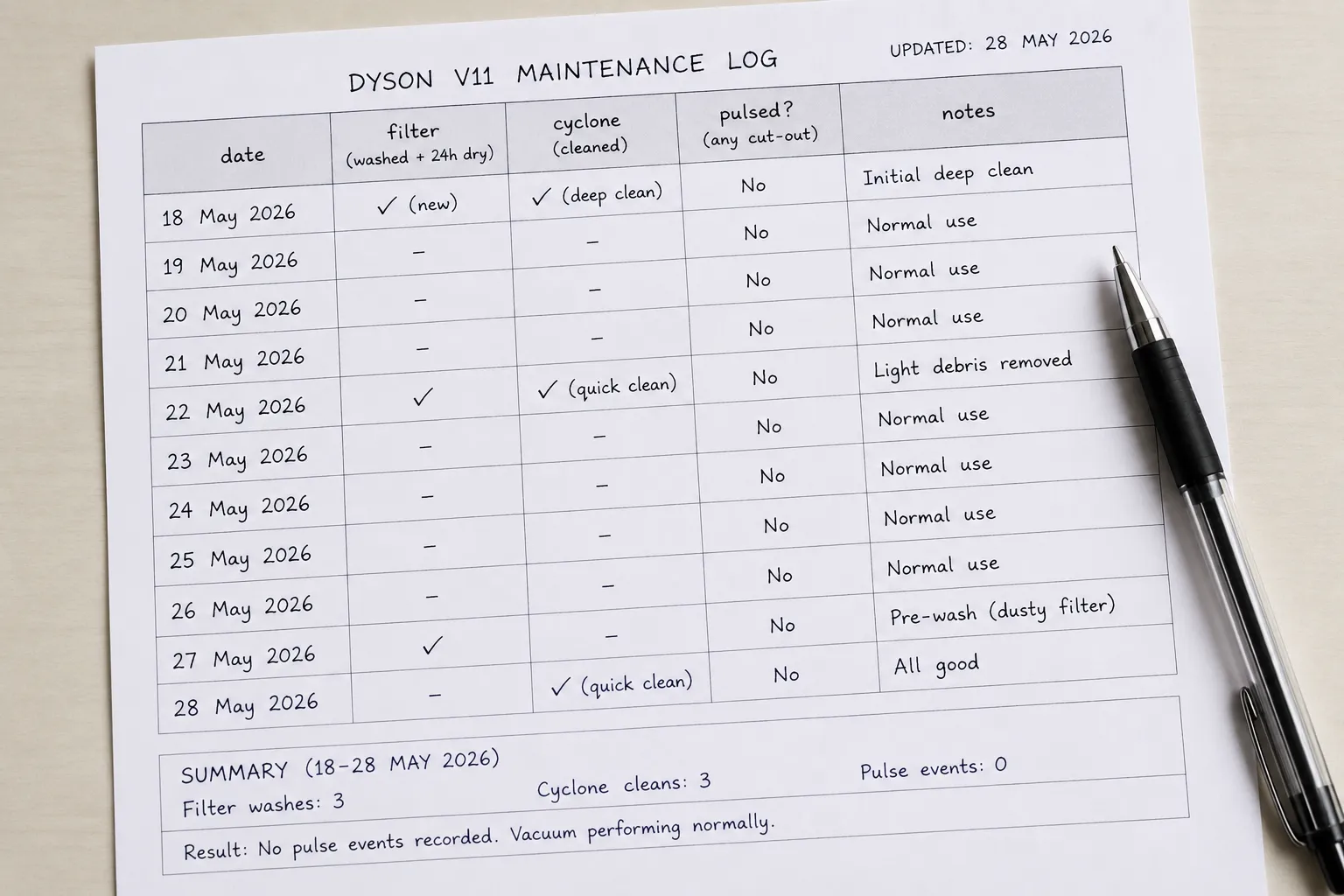 Dated Dyson V11 maintenance log showing filter washes, cyclone cleaning and zero pulsing events during the tracking period.