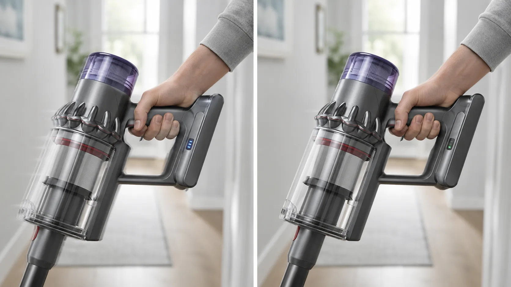 Split-frame comparison of a Dyson V7-style cordless vacuum pulsing on Max mode and running steadily on Eco mode in a home hallway.