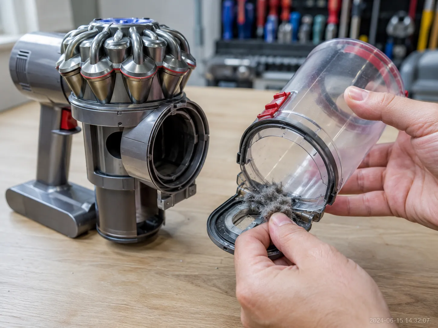 Adult hand removing packed grey lint from the inlet flap of a Dyson V8-style cordless vacuum bin during troubleshooting on a workshop bench.