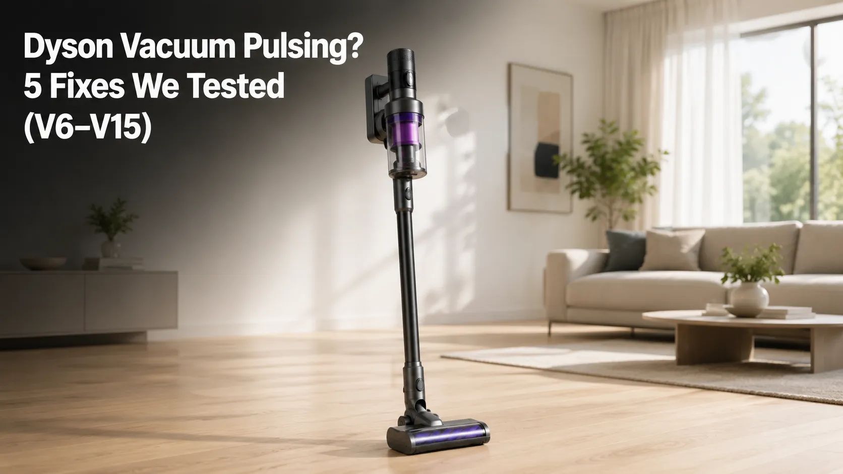 Cordless stick vacuum standing on a light oak floor with the title Dyson Vacuum Pulsing? 5 Fixes We Tested for V6 to V15 models.