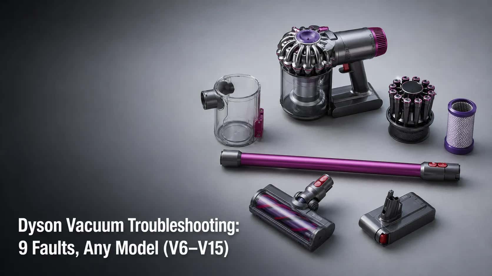 Disassembled Dyson-style cordless vacuum showing motor body, bin, cyclone, filter, wand, cleaner head and battery for troubleshooting V6 to V15 faults.