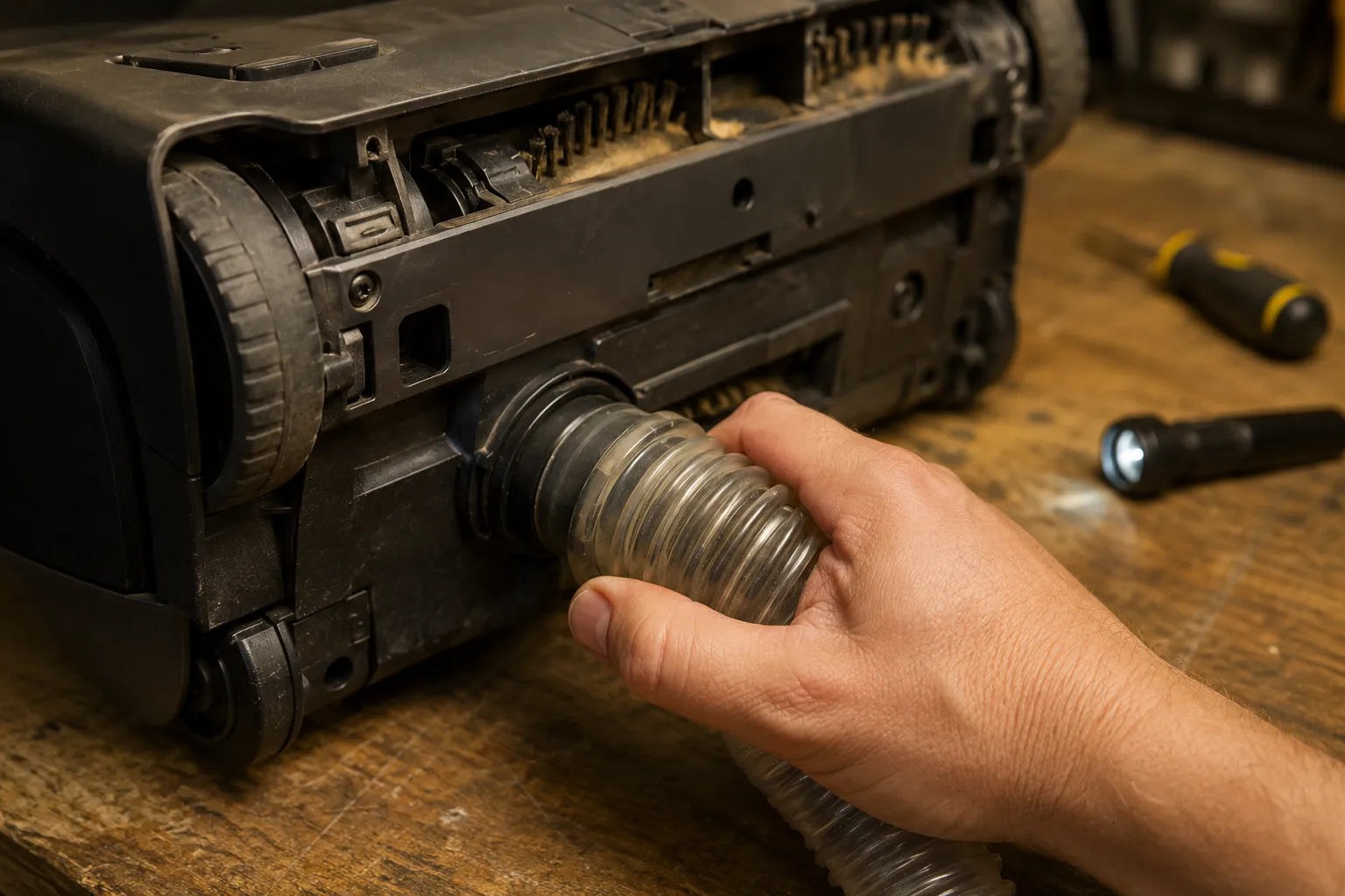 Hand twisting and releasing the clear underside hose cuff on a Eureka PowerSpeed upright vacuum during a repair inspection.